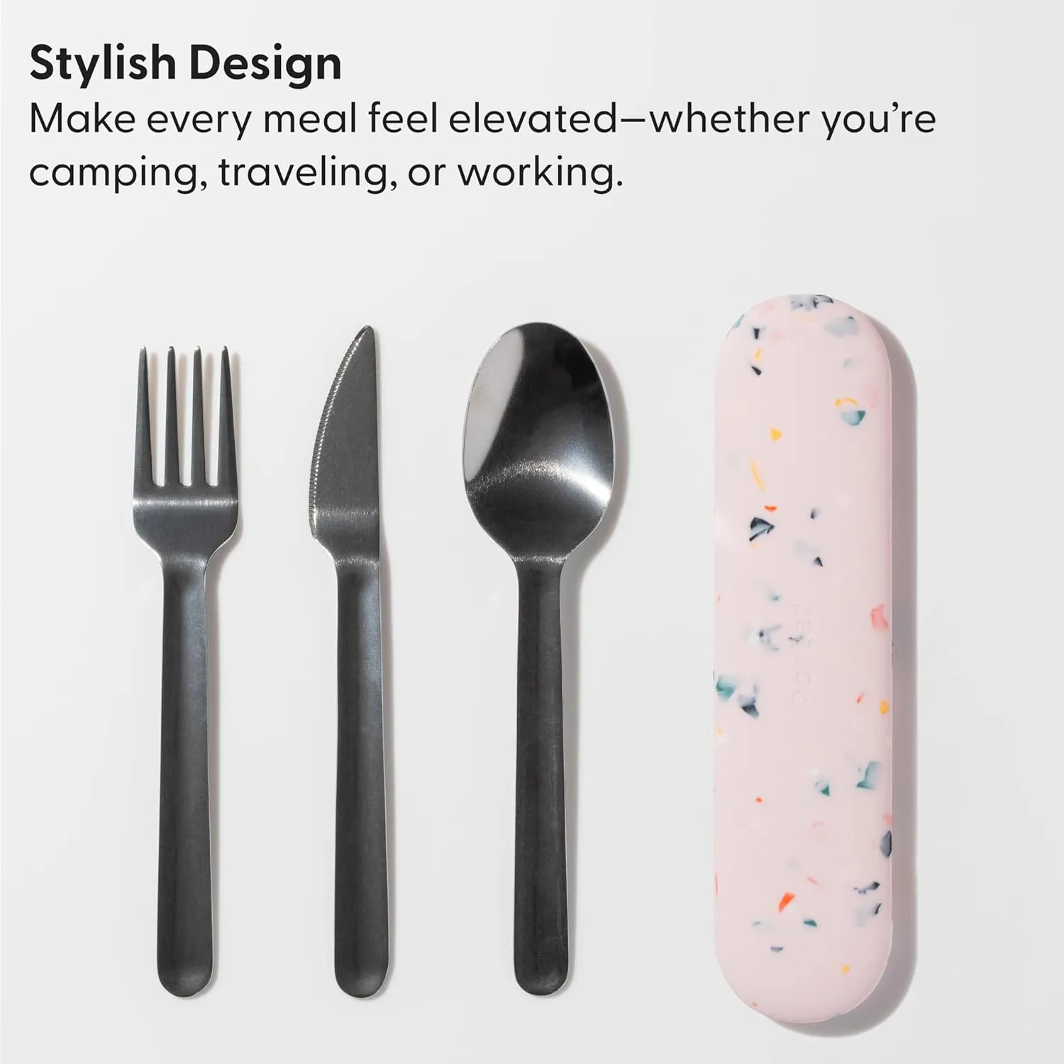 W&P Porter Stainless Steel Utensils with Silicone Carrying Case | Charcoal | Spoon, Fork & Knife for Meals on the Go | Portable and Compact Set