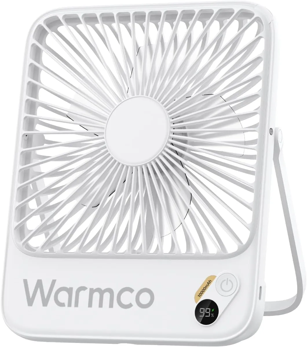 Warmco 10000mAh Portable Travel Fan 7-inch, [10-24H Runtime] Ultra-thin Digital Display Mini Desk Battery Operated Fan for Bedroom, Camping, Cruise Essentials 2025