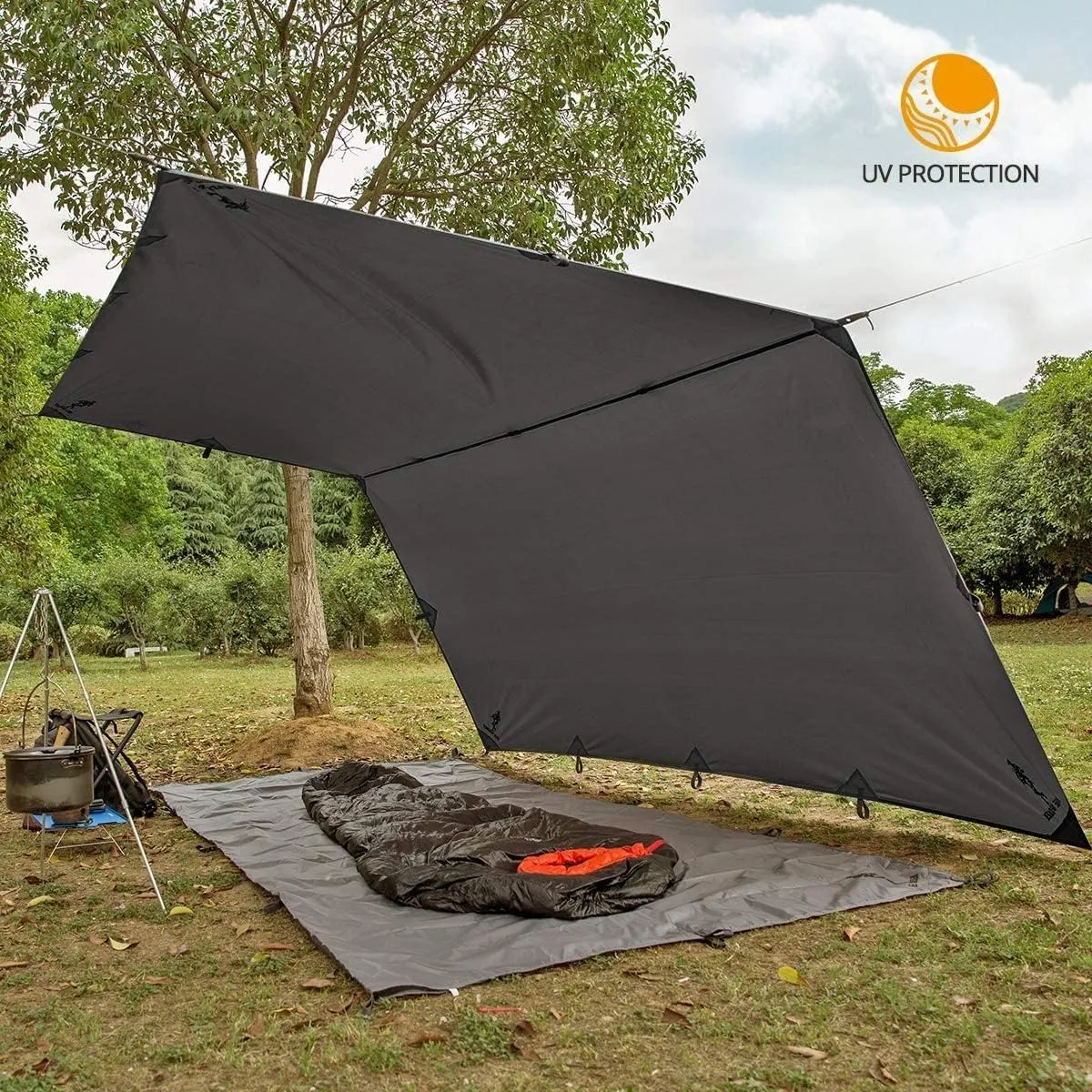 Waterproof Camping Tarp 4 x 4m, Camping Hammock Rain Fly, Ultralight Sunscreen Awning Canopy with Silver Coating, for Backpacking Hiking Travel and Outdoor Adventure