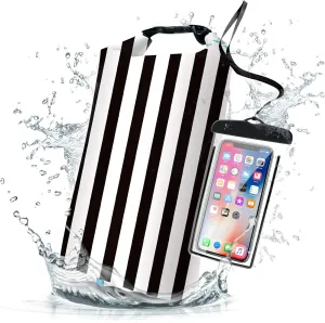 Waterproof Dry Bag,Roll Top Black and White Stripes Waterproof Backpack 5L/10L/20L Floating and Lightweight Bags for Kayaking, Boating, Fishing, Swimming and Camping with Waterproof Phone Case