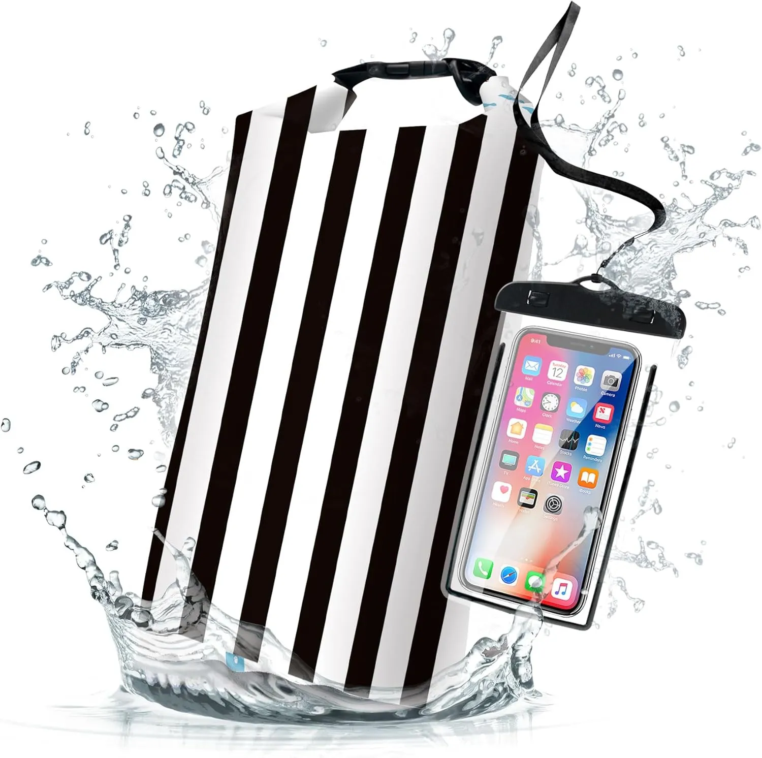 Waterproof Dry Bag,Roll Top Black and White Stripes Waterproof Backpack 5L/10L/20L Floating and Lightweight Bags for Kayaking, Boating, Fishing, Swimming and Camping with Waterproof Phone Case
