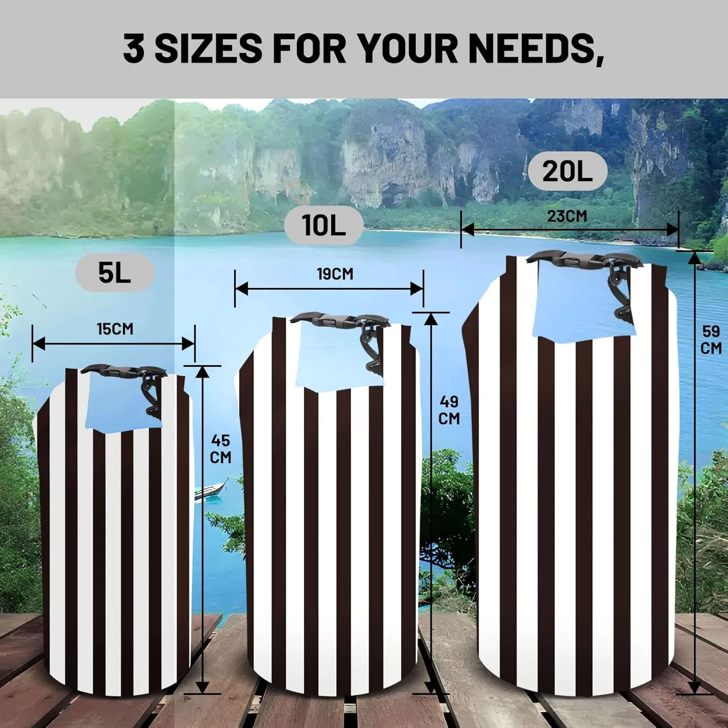 Waterproof Dry Bag,Roll Top Black and White Stripes Waterproof Backpack 5L/10L/20L Floating and Lightweight Bags for Kayaking, Boating, Fishing, Swimming and Camping with Waterproof Phone Case