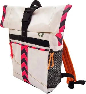 Waterproof Sailcloth Rolltop Backpack, White with Pink Chevron Straps, Boating Daypack, Multipurpose Sport Bag