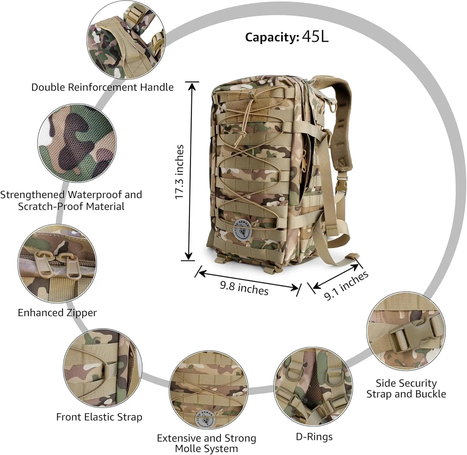 Waterproof Tactical Laptop Backpack, 40L, Rope Model (Camouflage)