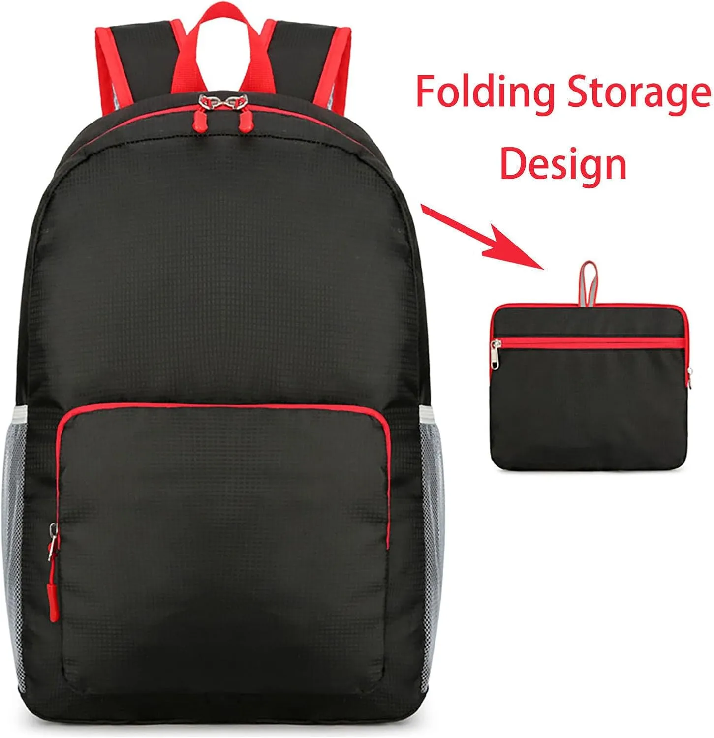 Waterproof Ultralight Foldable Backpack for Outdoor Travel & Camping, 16-Inch Packable Daypack (Black Red)