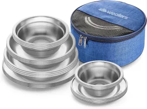 Wealers Stainless Steel Plates and Bowls Camping Set Small and Large Dinnerware for Kids, Adults, Family | Camping, Hiking, Beach, Outdoor Use | Incl. Travel Bag (24 Piece Set)