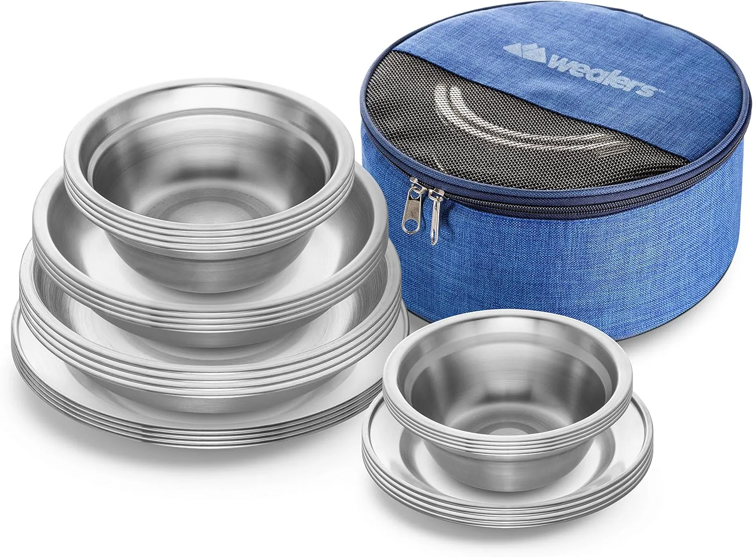 Wealers Stainless Steel Plates and Bowls Camping Set Small and Large Dinnerware for Kids, Adults, Family | Camping, Hiking, Beach, Outdoor Use | Incl. Travel Bag (24 Piece Set)