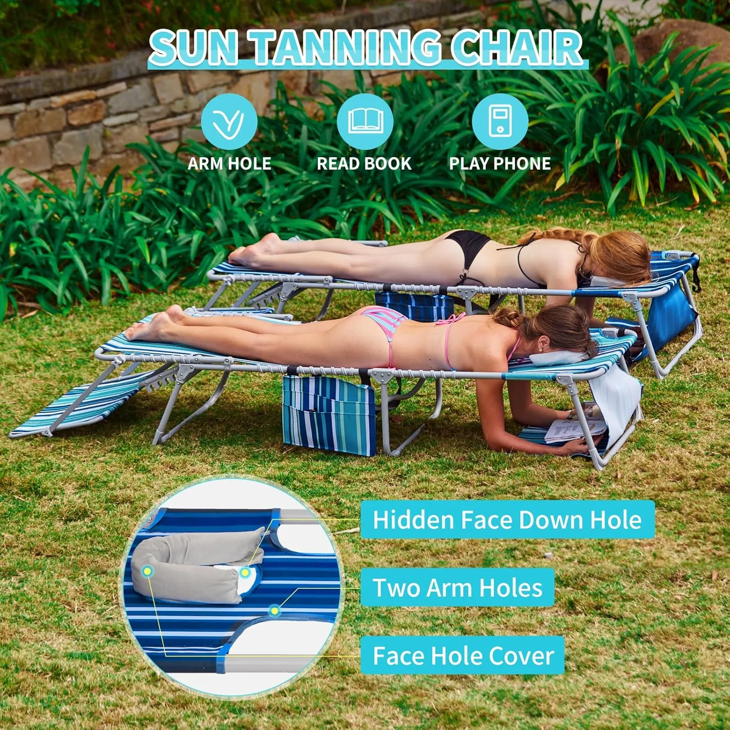 #WEJOY 3 in 1 Tanning Chair with Face Hole & Canopy, 300 lbs Heavy Duty 5 Positions Folding Face Down Lounge Chairs Outdoor with Pillow & Storage Bag Portable for Pool Beach Lawn Camping (Blue White)