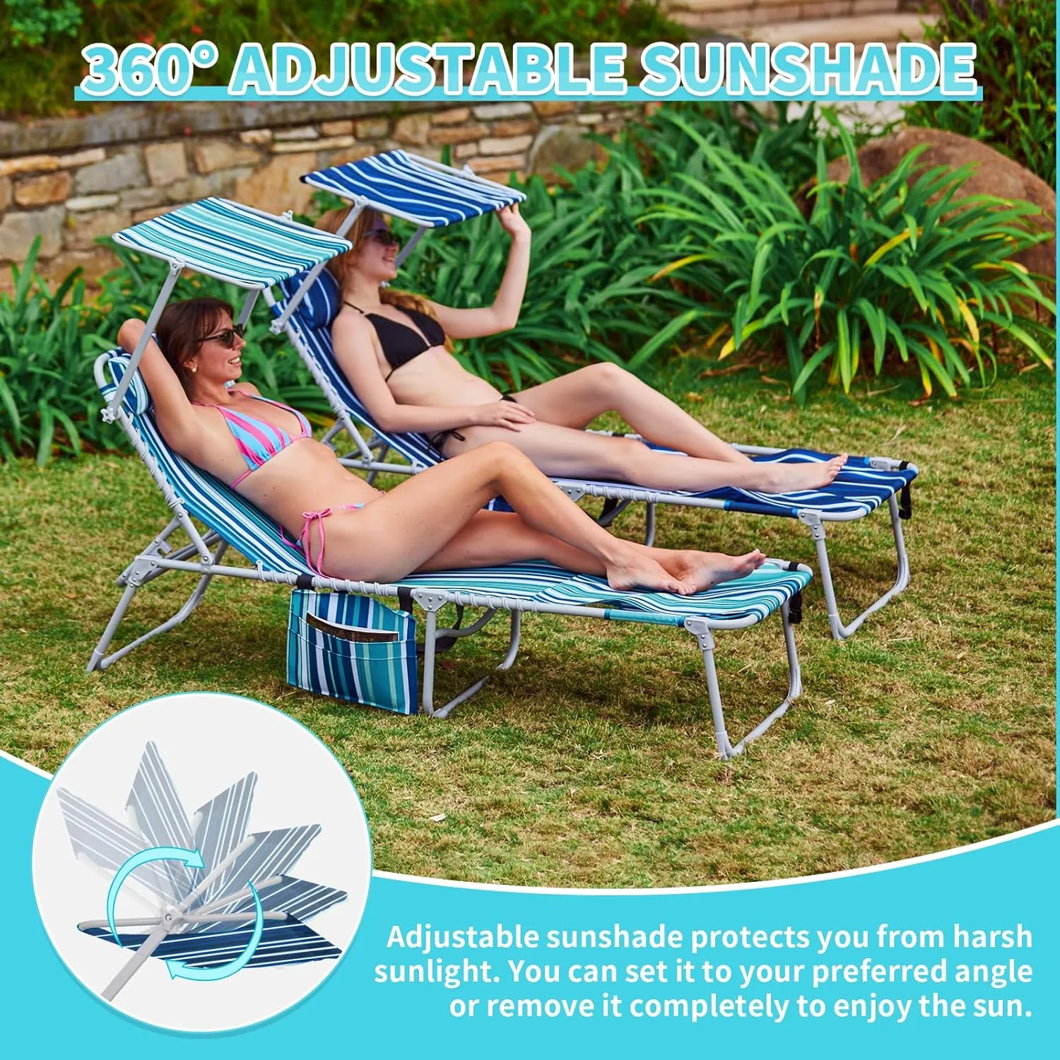 #WEJOY 3 in 1 Tanning Chair with Face Hole & Canopy, 300 lbs Heavy Duty 5 Positions Folding Face Down Lounge Chairs Outdoor with Pillow & Storage Bag Portable for Pool Beach Lawn Camping (Blue White)