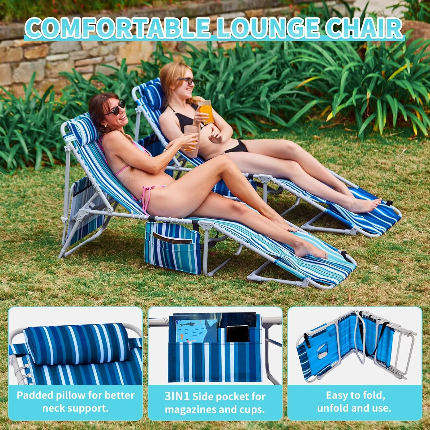 #WEJOY 3 in 1 Tanning Chair with Face Hole & Canopy, 300 lbs Heavy Duty 5 Positions Folding Face Down Lounge Chairs Outdoor with Pillow & Storage Bag Portable for Pool Beach Lawn Camping (Blue White)