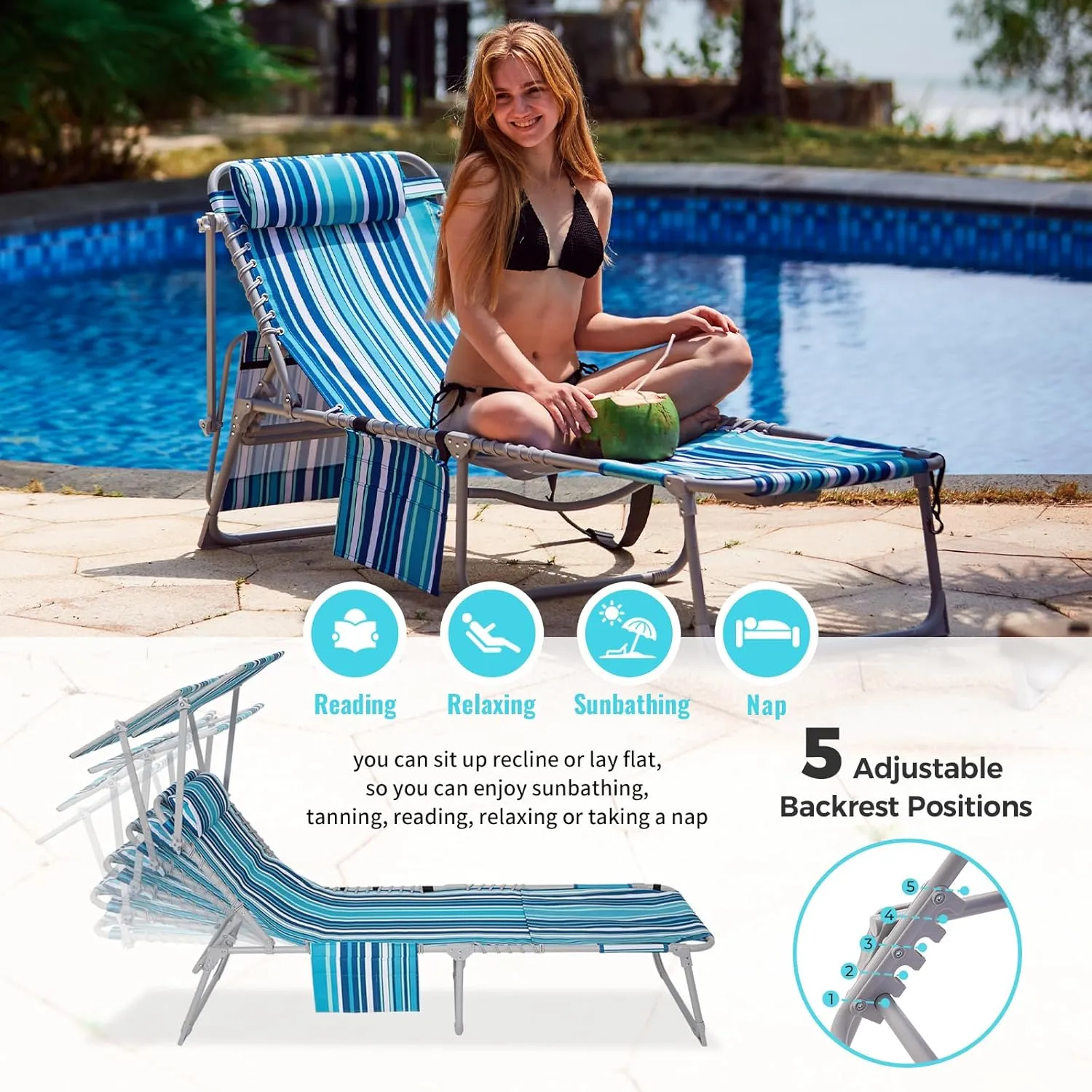 #WEJOY 3 in 1 Tanning Chair with Face Hole & Canopy, 300 lbs Heavy Duty 5 Positions Folding Face Down Lounge Chairs Outdoor with Pillow & Storage Bag Portable for Pool Beach Lawn Camping (Blue White)
