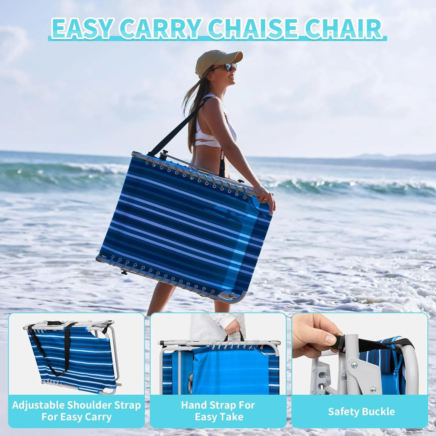#WEJOY 3 in 1 Tanning Chair with Face Hole & Canopy, 300 lbs Heavy Duty 5 Positions Folding Face Down Lounge Chairs Outdoor with Pillow & Storage Bag Portable for Pool Beach Lawn Camping (Blue White)
