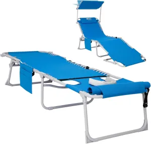 #WEJOY 3 in 1 Tanning Chair with Face Hole & Canopy, 300 lbs Heavy Duty 5 Positions Folding Face Down Lounge Chairs Outdoor with Pillow & Storage Bag Portable for Pool Beach Lawn Camping (Blue)