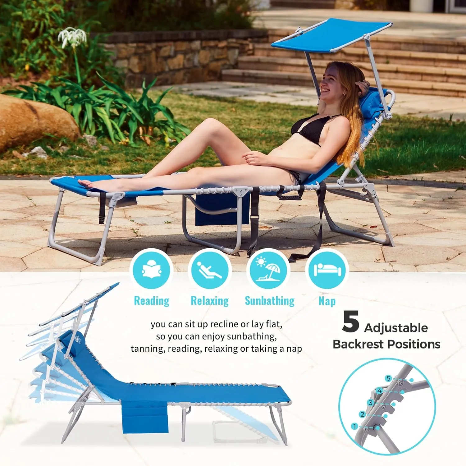 #WEJOY 3 in 1 Tanning Chair with Face Hole & Canopy, 300 lbs Heavy Duty 5 Positions Folding Face Down Lounge Chairs Outdoor with Pillow & Storage Bag Portable for Pool Beach Lawn Camping (Blue)