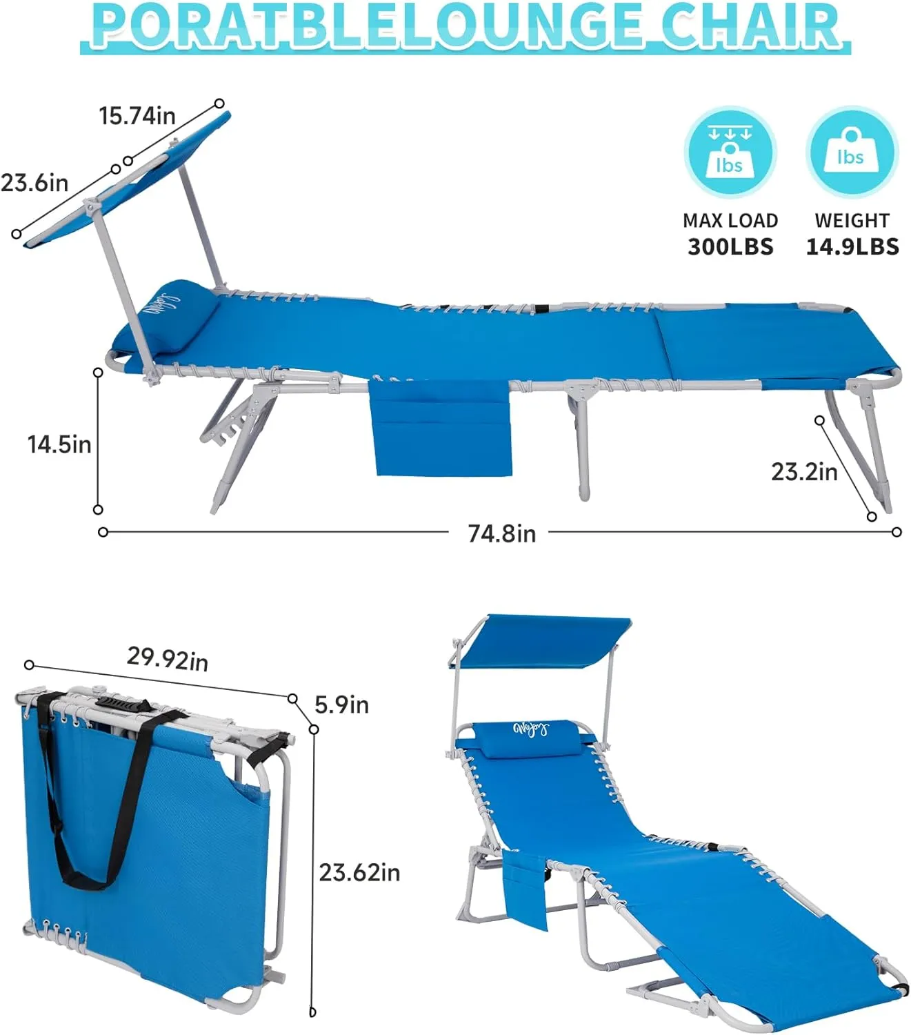 #WEJOY 3 in 1 Tanning Chair with Face Hole & Canopy, 300 lbs Heavy Duty 5 Positions Folding Face Down Lounge Chairs Outdoor with Pillow & Storage Bag Portable for Pool Beach Lawn Camping (Blue)