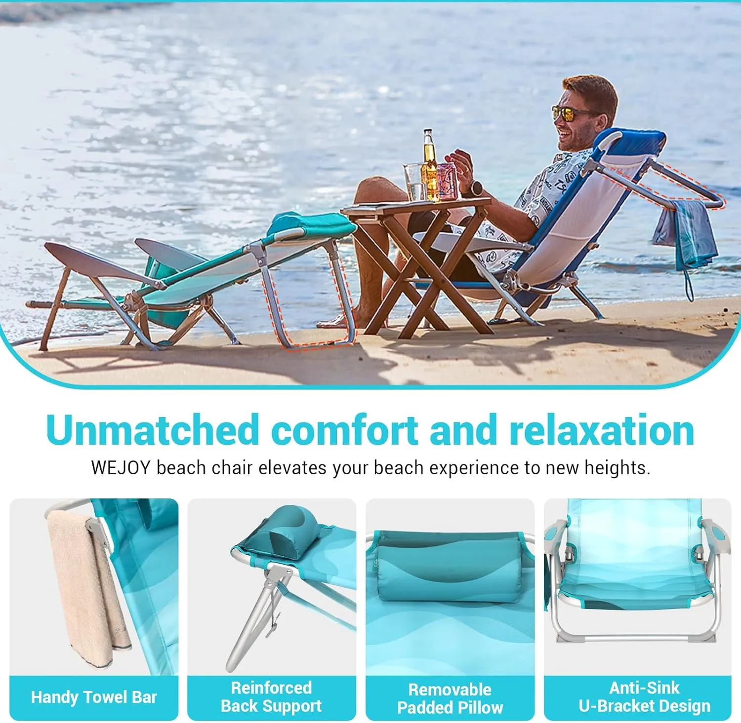 WEJOY Folding Beach Chair for Adults – 4-Position Adjustable