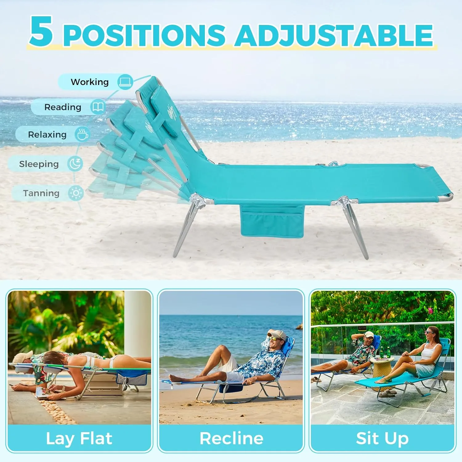 #WEJOY Folding Tanning Chair with Face Hole, 5 Positions Face Down Beach Lounge Chairs with Pillow for Outside Sunbathing Poolside (Cyan)