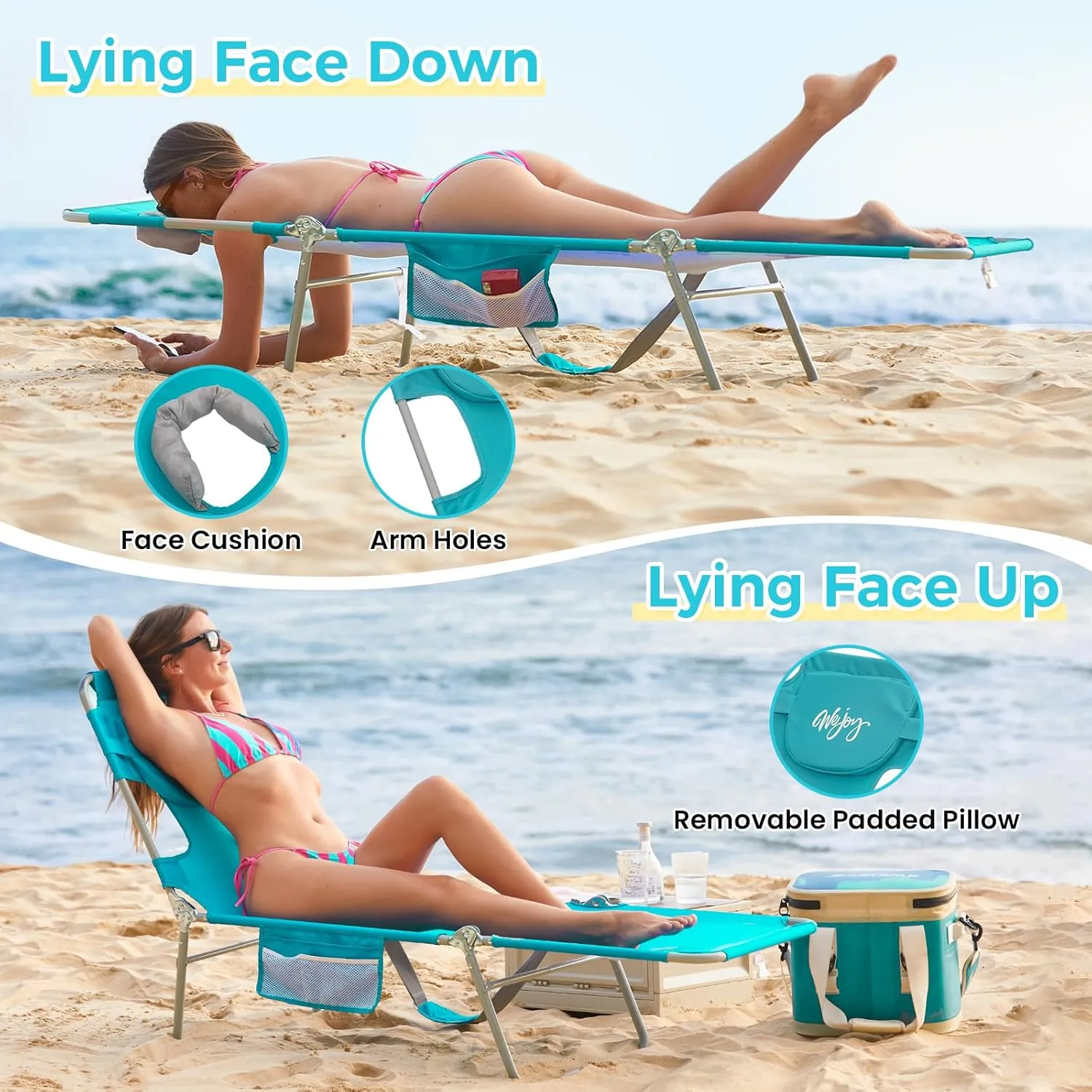 #WEJOY Folding Tanning Chair with Face Hole, 5 Positions Face Down Beach Lounge Chairs with Pillow for Outside Sunbathing Poolside (Cyan)