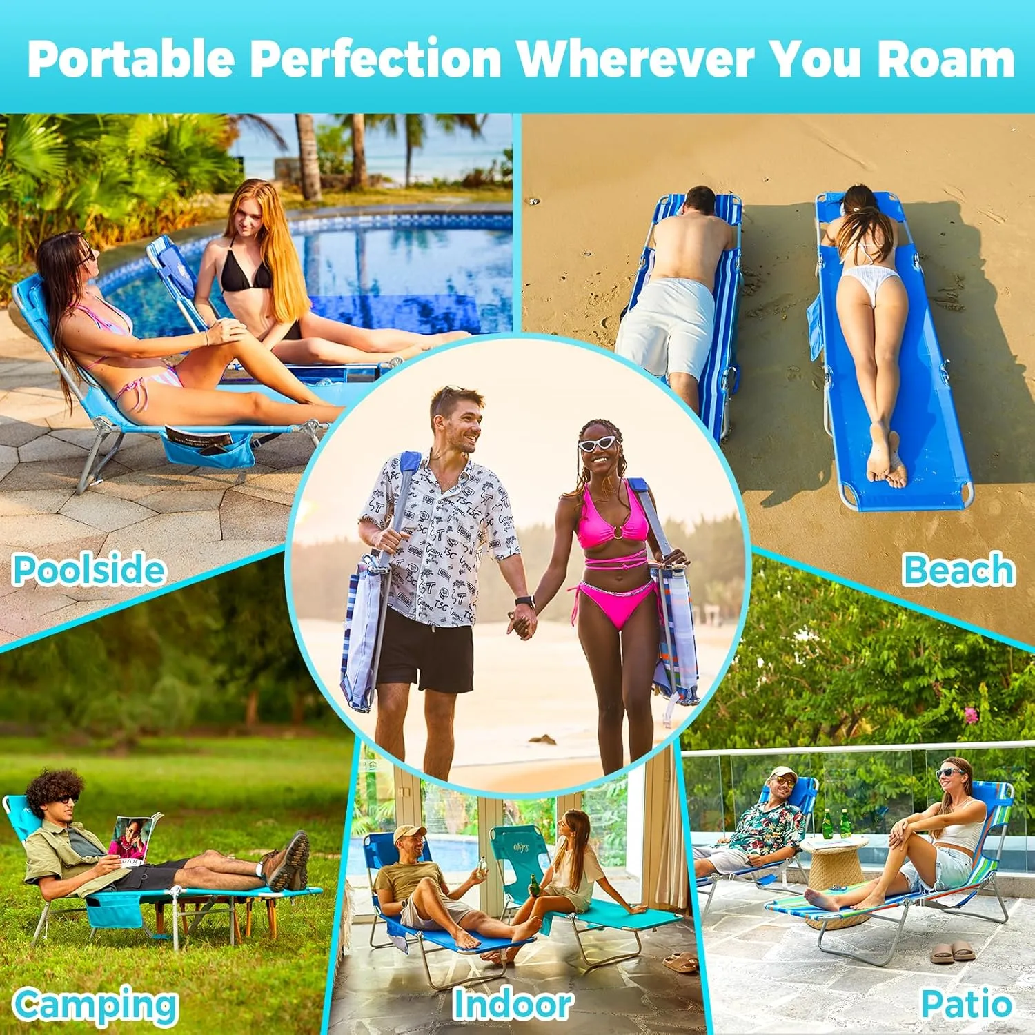 #WEJOY Folding Tanning Chair with Face Hole, 5 Positions Face Down Beach Lounge Chairs with Pillow for Outside Sunbathing Poolside (Cyan)