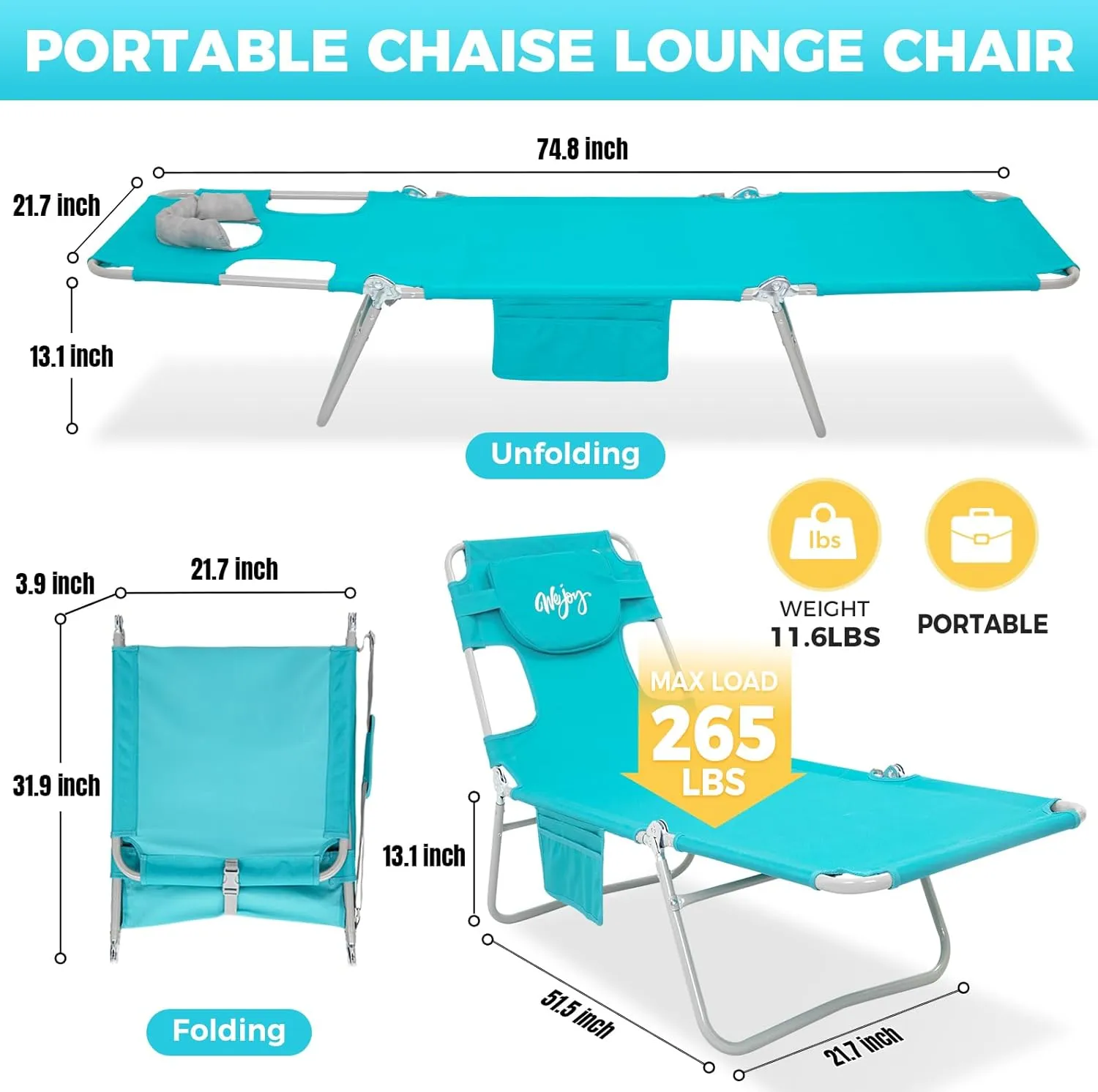 #WEJOY Folding Tanning Chair with Face Hole, 5 Positions Face Down Beach Lounge Chairs with Pillow for Outside Sunbathing Poolside (Cyan)