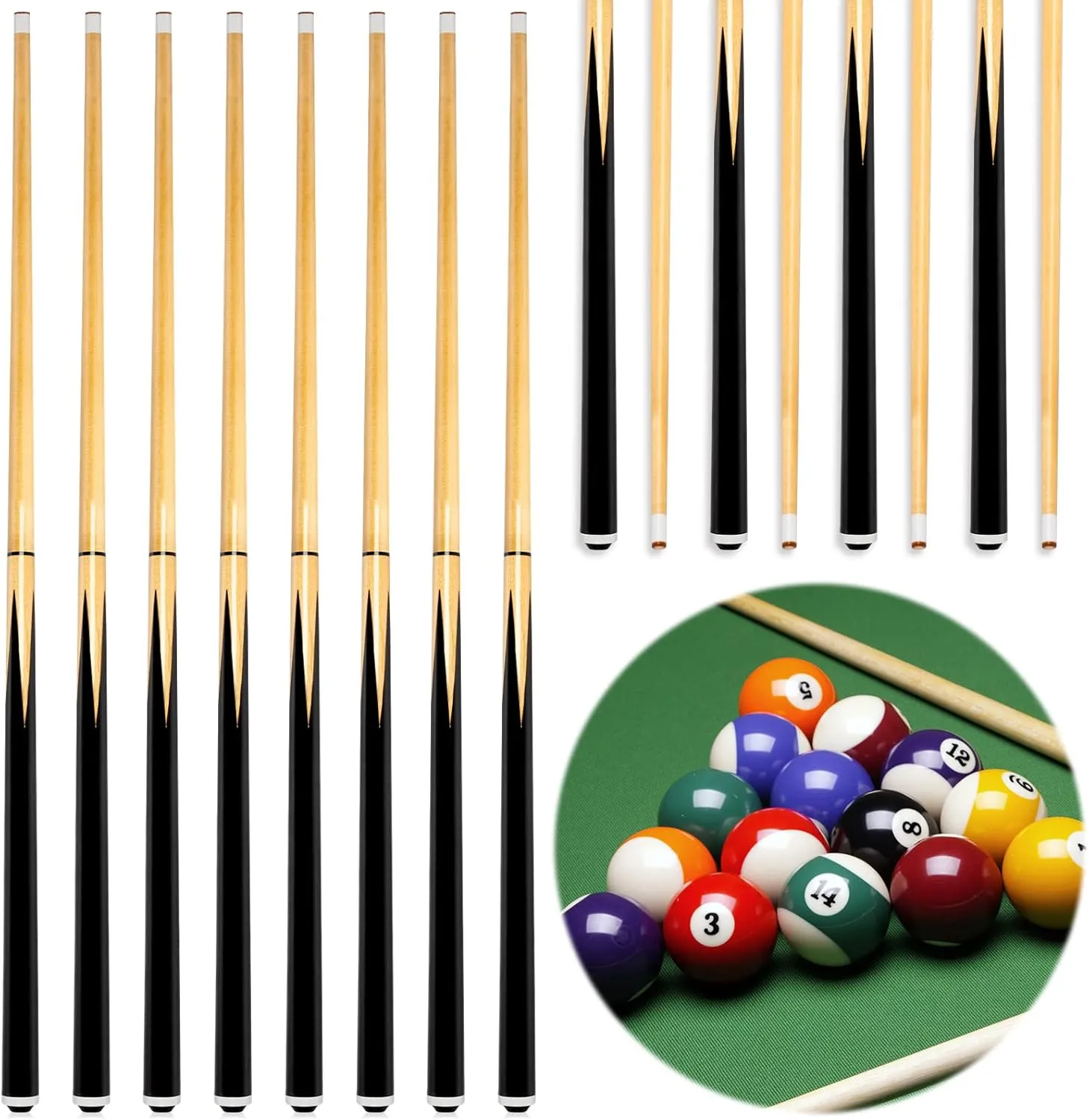 Wettarn 8 Sets Pool Sticks 2 Piece 58 Inch Bar Billiard Pool Cue Table 12 oz 13 mm Glue for Tips Hardwood Wooden Cue Sticks for Adults, Beginner, Father Day, Men, Player, Starter, Club, Party