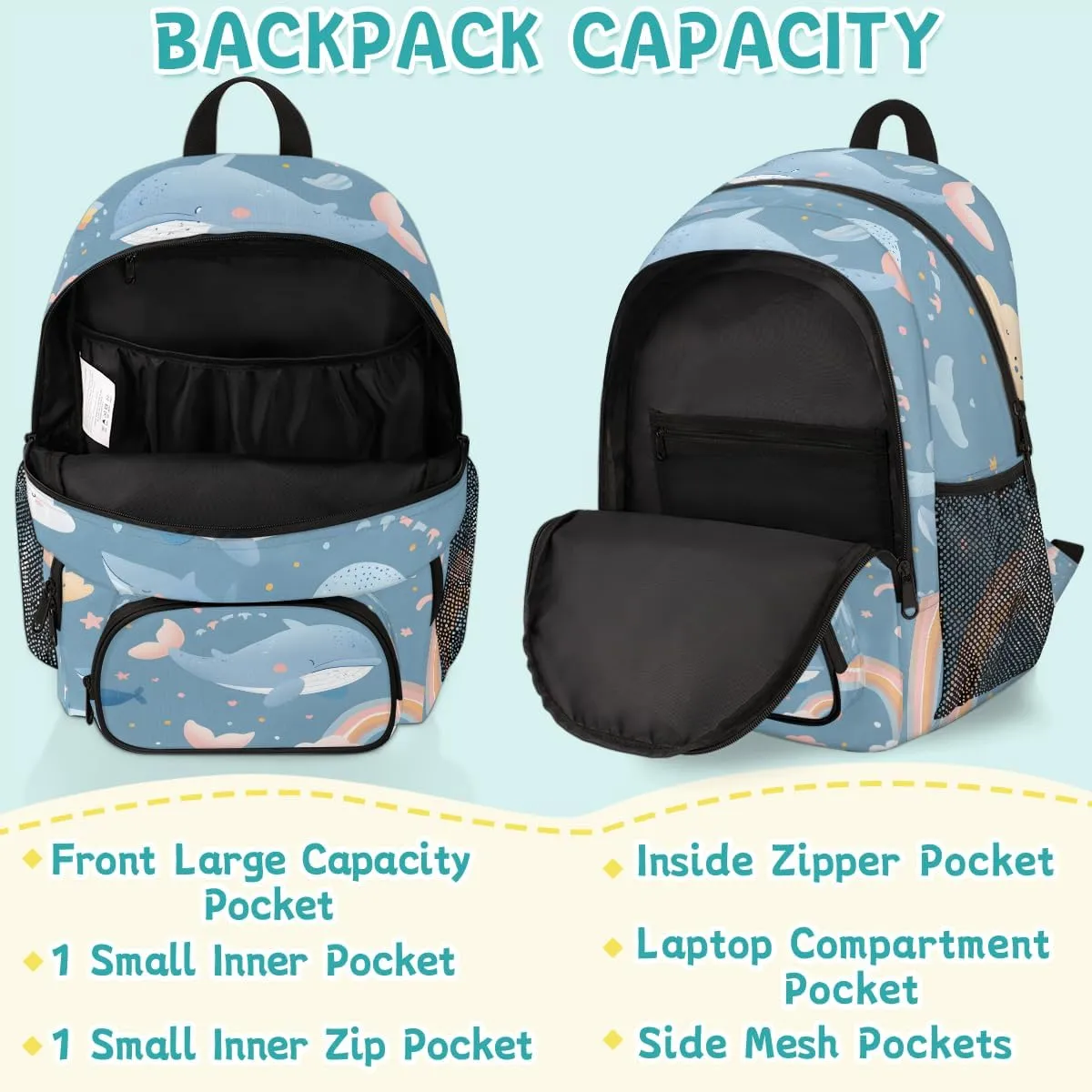Whale Carry on Travel Backpack for Women Men Water resistant Lightweight Rucksack Backpack for Weekender Casual Work Hiking Nautical Theme Sea Coastal