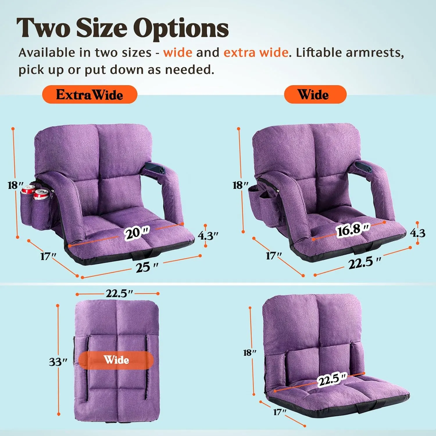 Wide Stadium Seats with Back Support, 2 Pack Bleacher Chairs with Comfy Cushion, 6 Reclining Positions, Portable Stadium Chair Bleacher Seat with Armrests for Sport Events, Camping, Beaches (Purple)