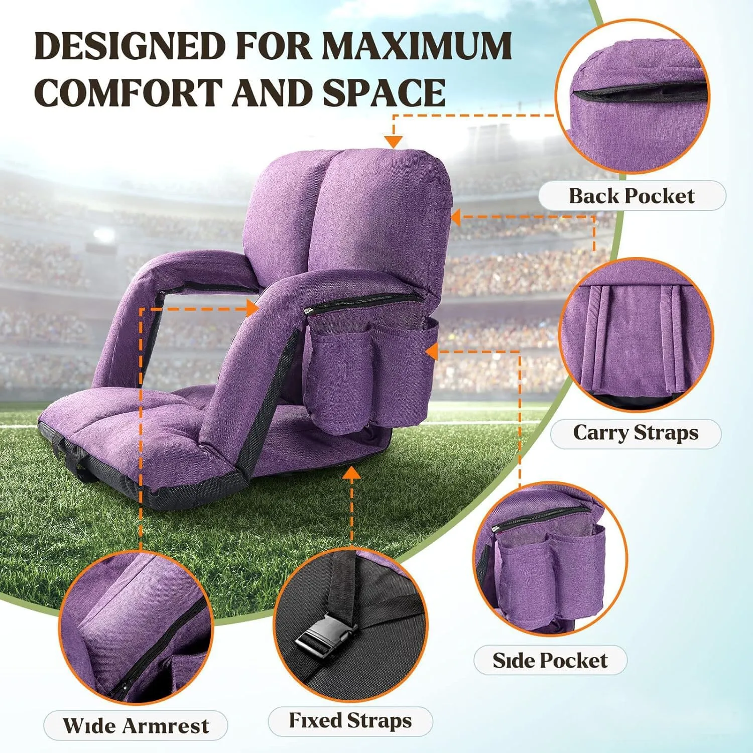 Wide Stadium Seats with Back Support, 2 Pack Bleacher Chairs with Comfy Cushion, 6 Reclining Positions, Portable Stadium Chair Bleacher Seat with Armrests for Sport Events, Camping, Beaches (Purple)