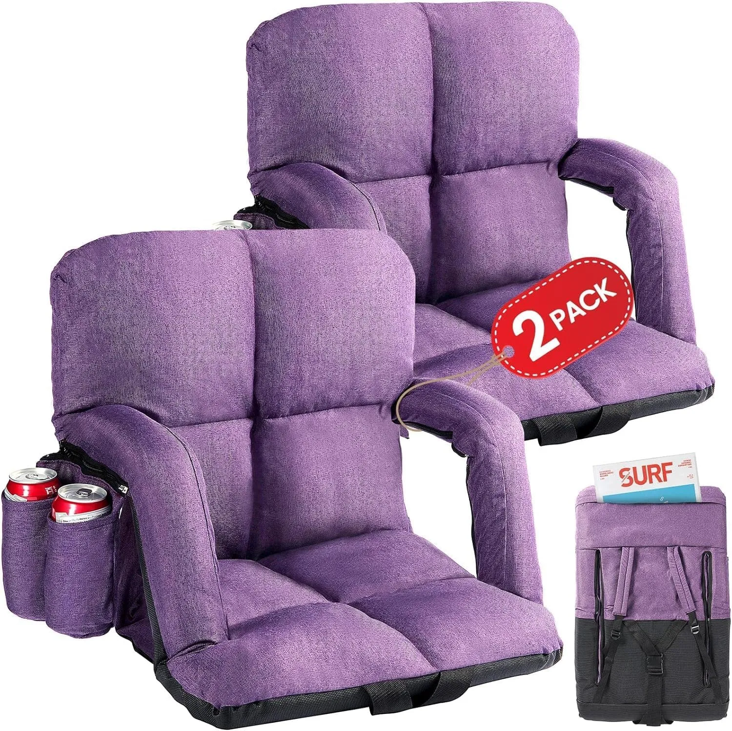 Wide Stadium Seats with Back Support, 2 Pack Bleacher Chairs with Comfy Cushion, 6 Reclining Positions, Portable Stadium Chair Bleacher Seat with Armrests for Sport Events, Camping, Beaches (Purple)
