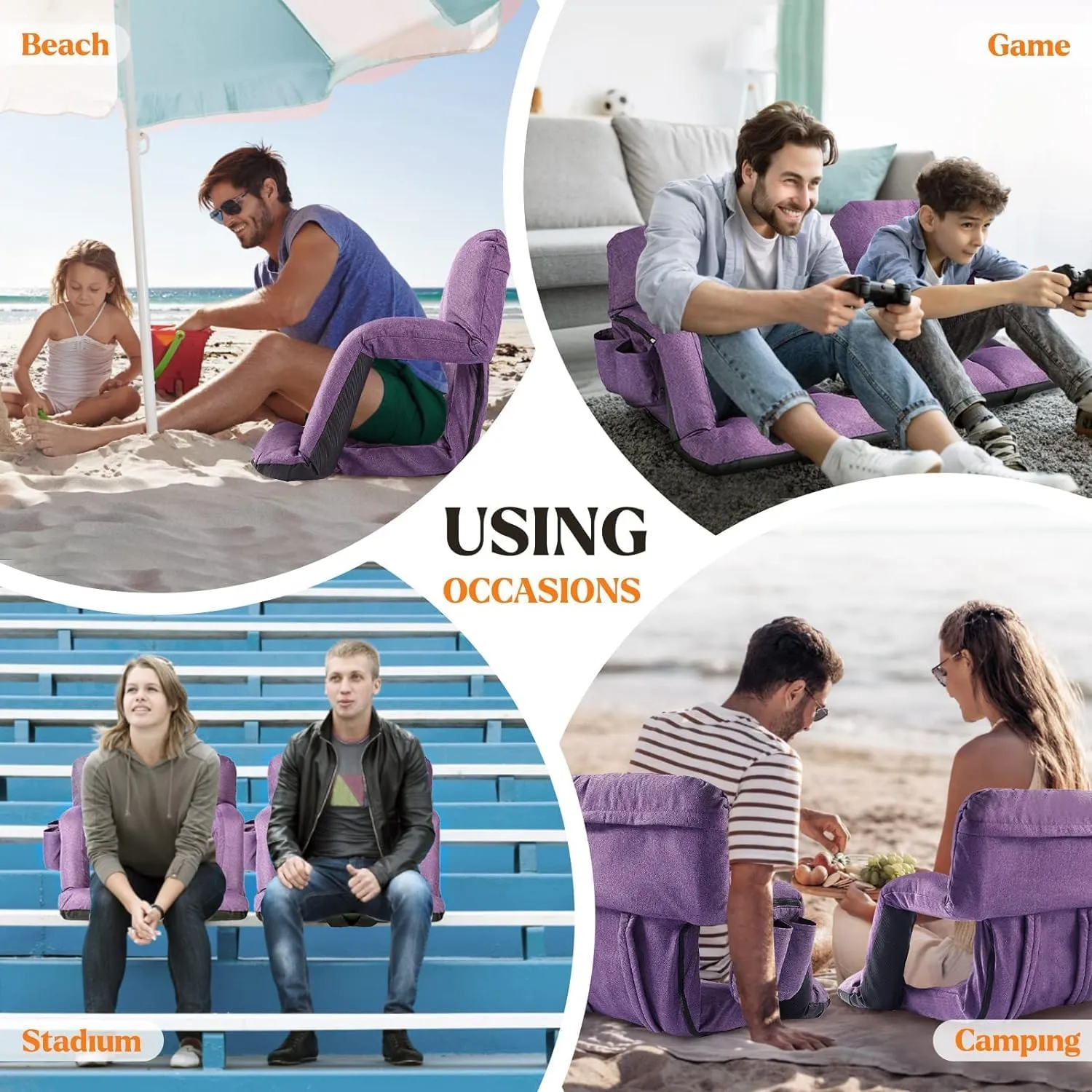 Wide Stadium Seats with Back Support, 2 Pack Bleacher Chairs with Comfy Cushion, 6 Reclining Positions, Portable Stadium Chair Bleacher Seat with Armrests for Sport Events, Camping, Beaches (Purple)