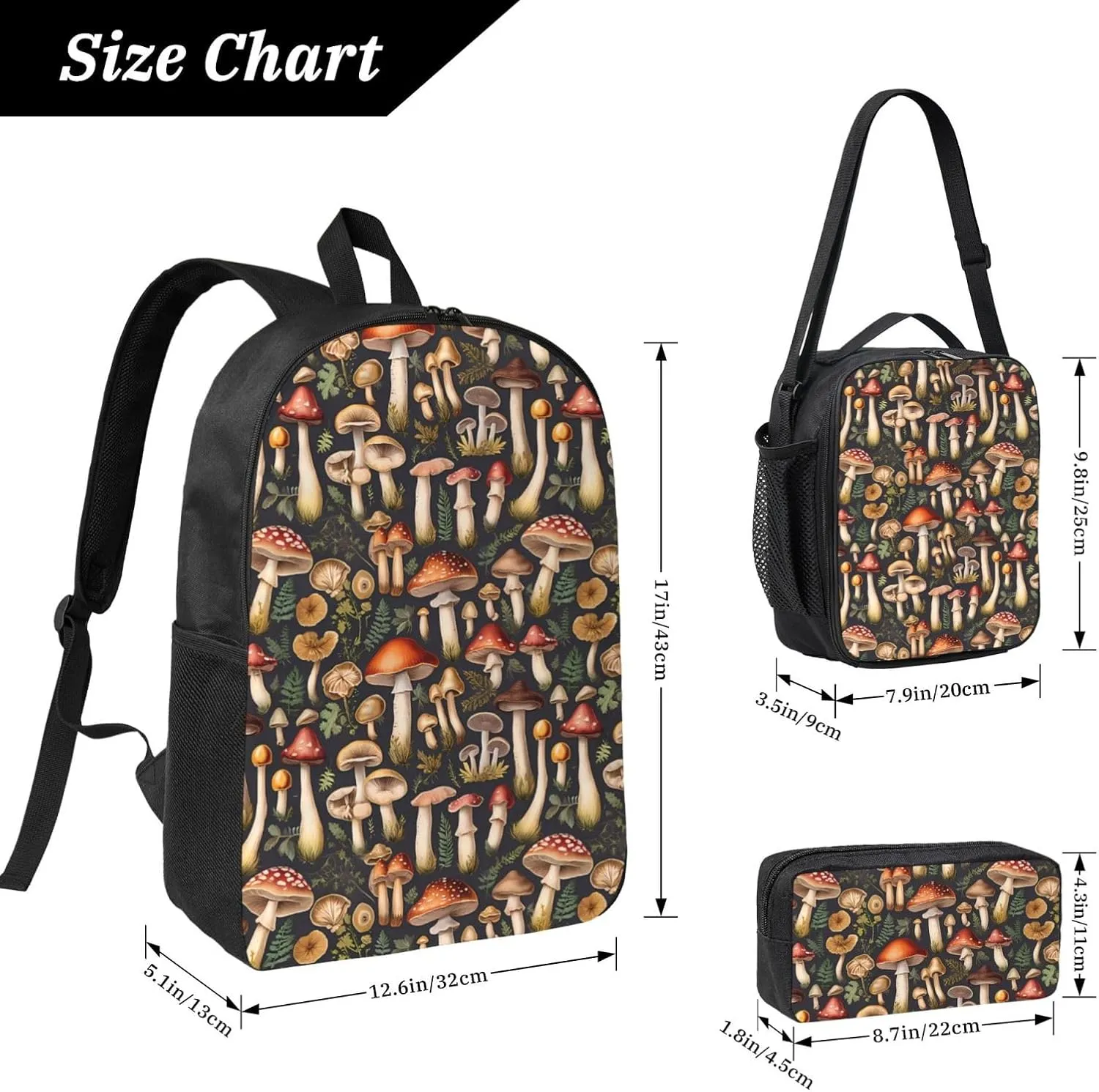 Wild Forest Mushrooms Backpack Crossbody Lunch Bag Pencil Case 3Pcs Set Lightweight Double Shoulder Bag With Insulated Lunch Box Pen Bags