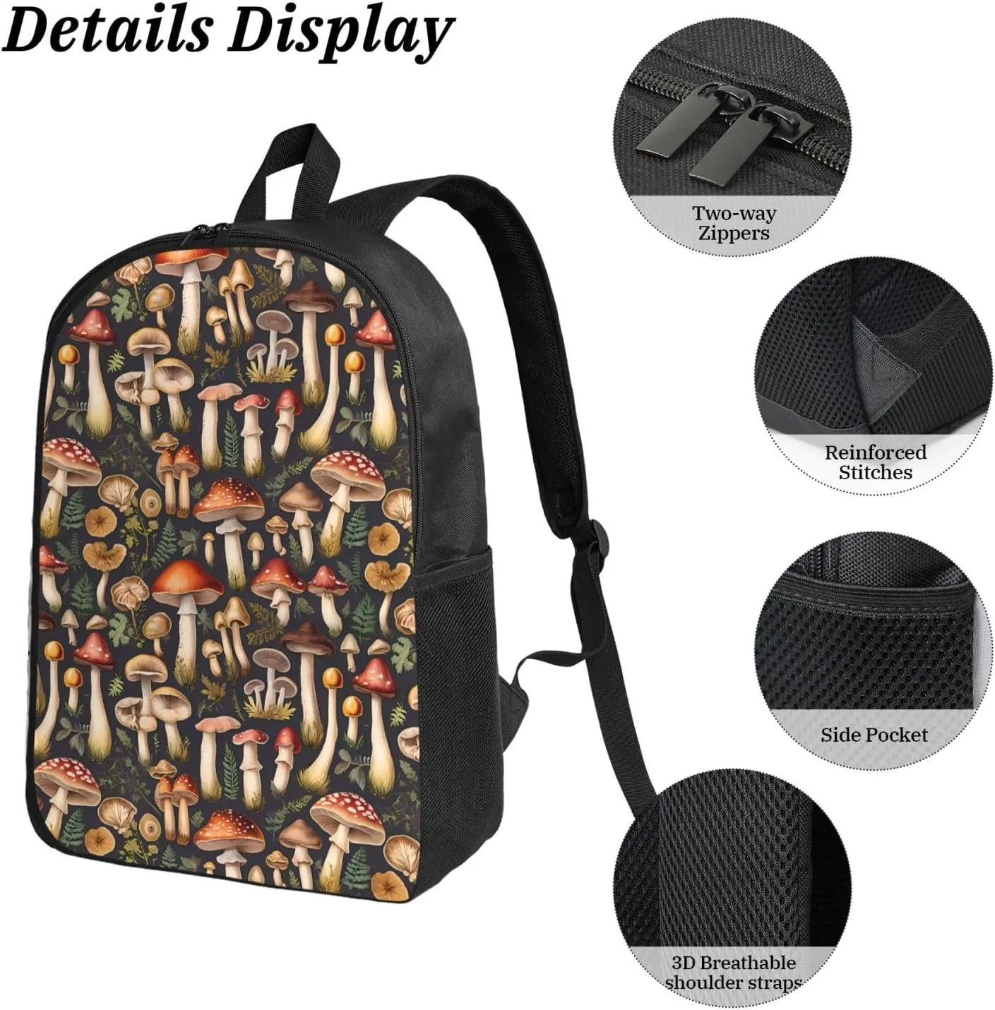 Wild Forest Mushrooms Backpack Crossbody Lunch Bag Pencil Case 3Pcs Set Lightweight Double Shoulder Bag With Insulated Lunch Box Pen Bags