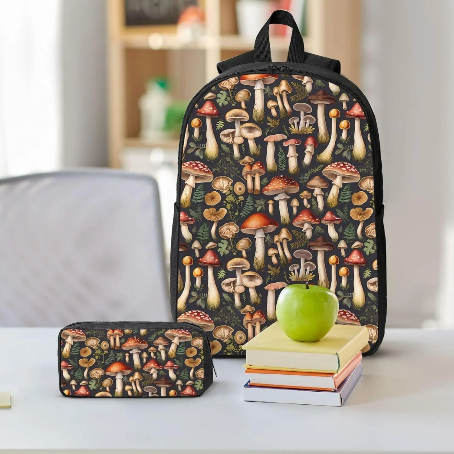 Wild Forest Mushrooms Backpack Crossbody Lunch Bag Pencil Case 3Pcs Set Lightweight Double Shoulder Bag With Insulated Lunch Box Pen Bags