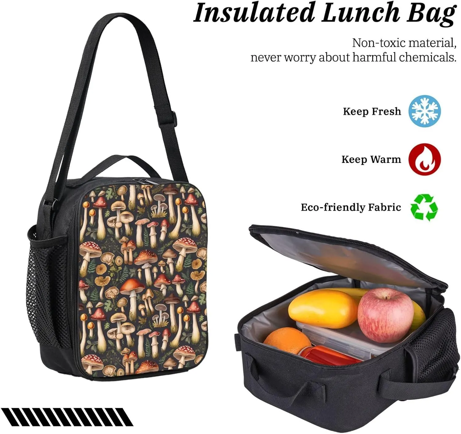 Wild Forest Mushrooms Backpack Crossbody Lunch Bag Pencil Case 3Pcs Set Lightweight Double Shoulder Bag With Insulated Lunch Box Pen Bags