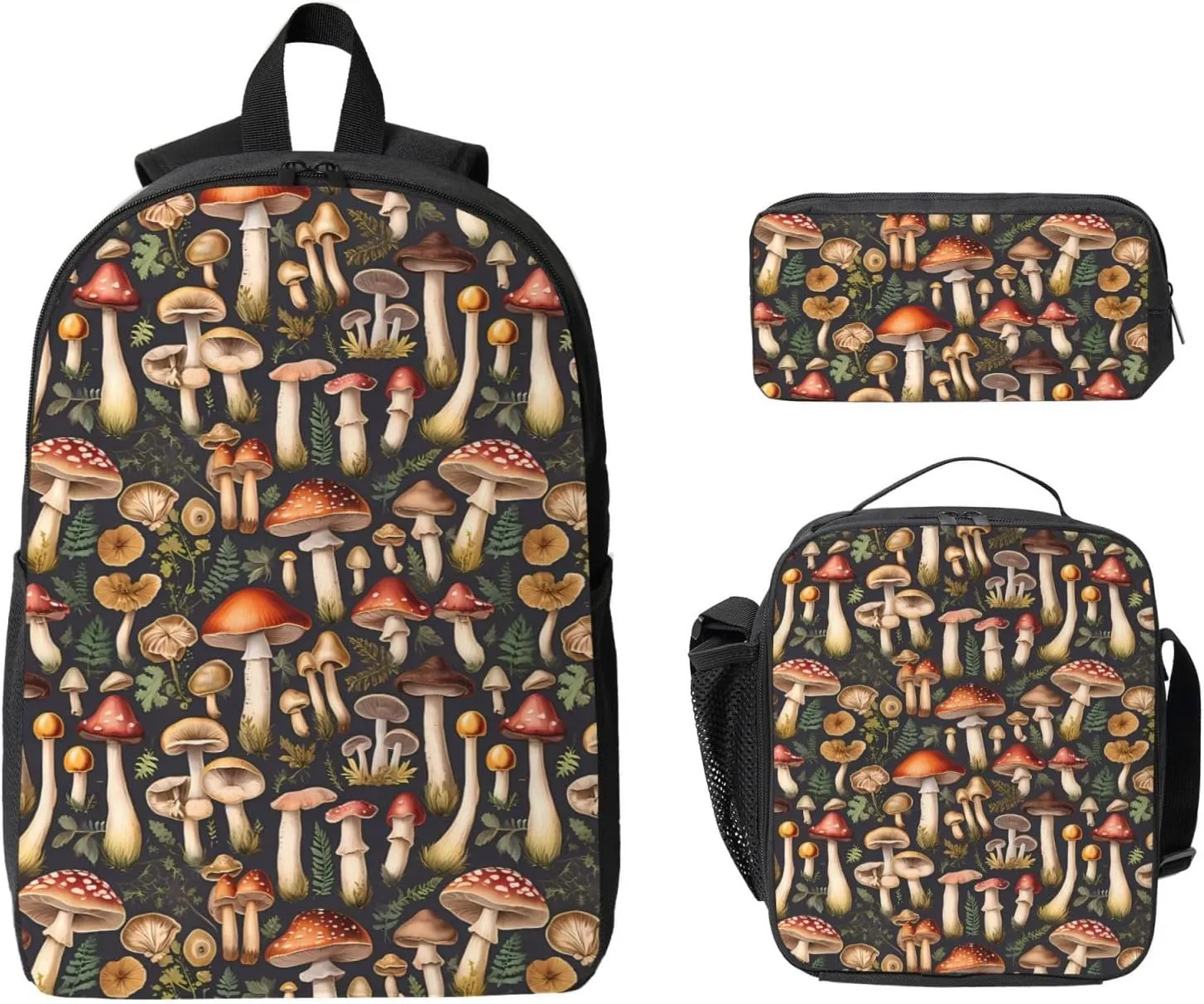 Wild Forest Mushrooms Backpack Crossbody Lunch Bag Pencil Case 3Pcs Set Lightweight Double Shoulder Bag With Insulated Lunch Box Pen Bags