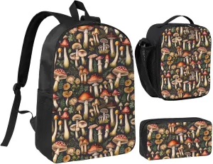 Wild Forest Mushrooms Backpack Crossbody Lunch Bag Pencil Case 3Pcs Set Lightweight Double Shoulder Bag With Insulated Lunch Box Pen Bags