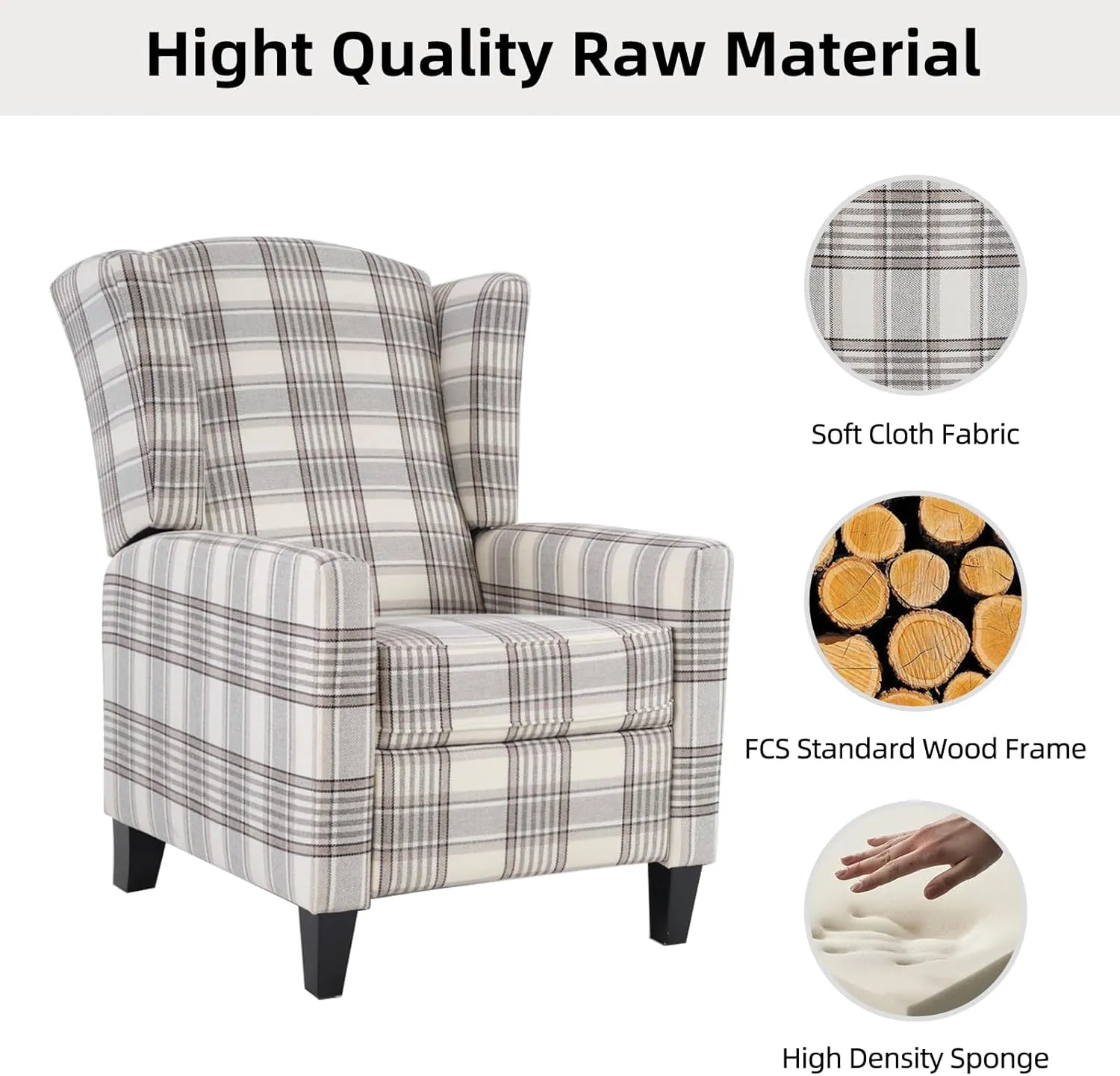 Wingback Pushback Recliner Chair Fabric Lounge Armchair Push Back Single Sofa Chair with Padded Seat Solid Wood Legs for Living Room, Mid Century Modern Recliner (Grey Plaid)