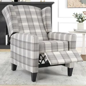 Wingback Pushback Recliner Chair Fabric Lounge Armchair Push Back Single Sofa Chair with Padded Seat Solid Wood Legs for Living Room, Mid Century Modern Recliner (Grey Plaid)