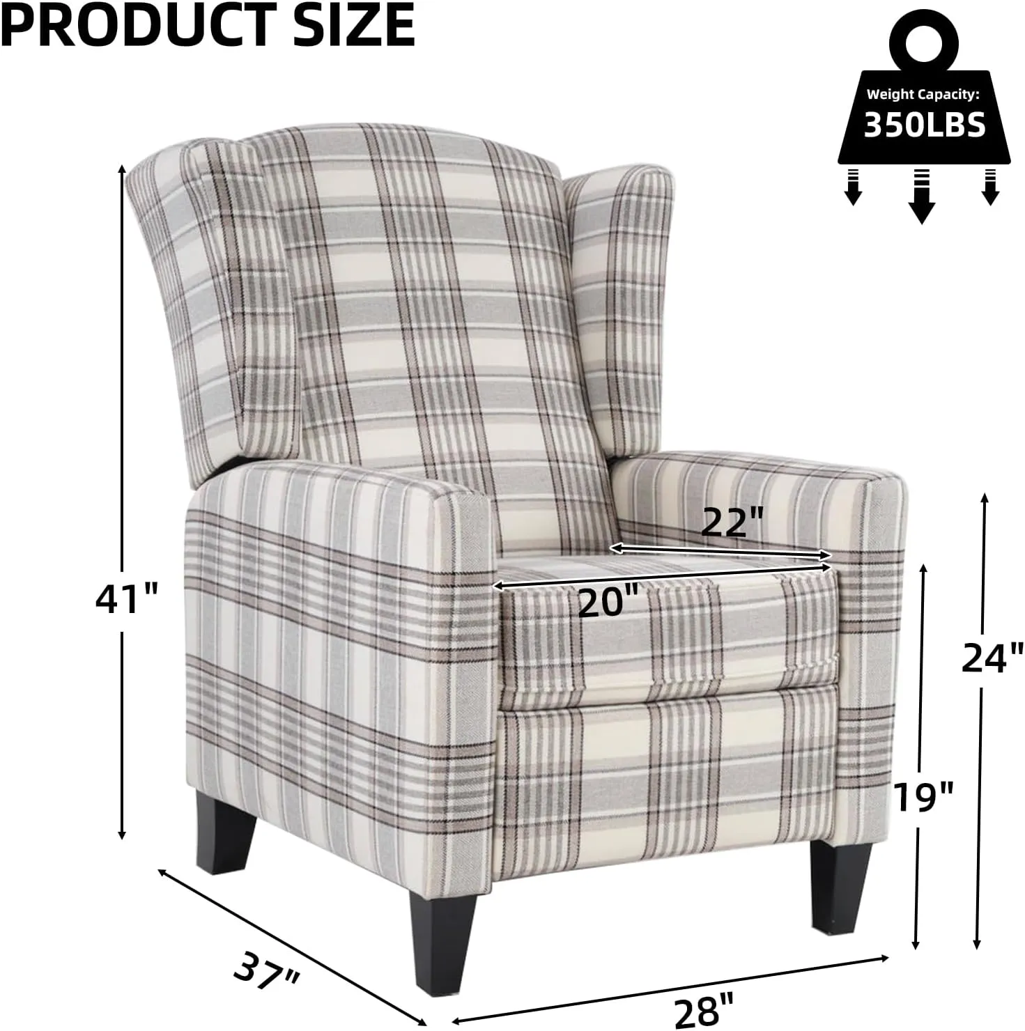 Wingback Pushback Recliner Chair Fabric Lounge Armchair Push Back Single Sofa Chair with Padded Seat Solid Wood Legs for Living Room, Mid Century Modern Recliner (Grey Plaid)