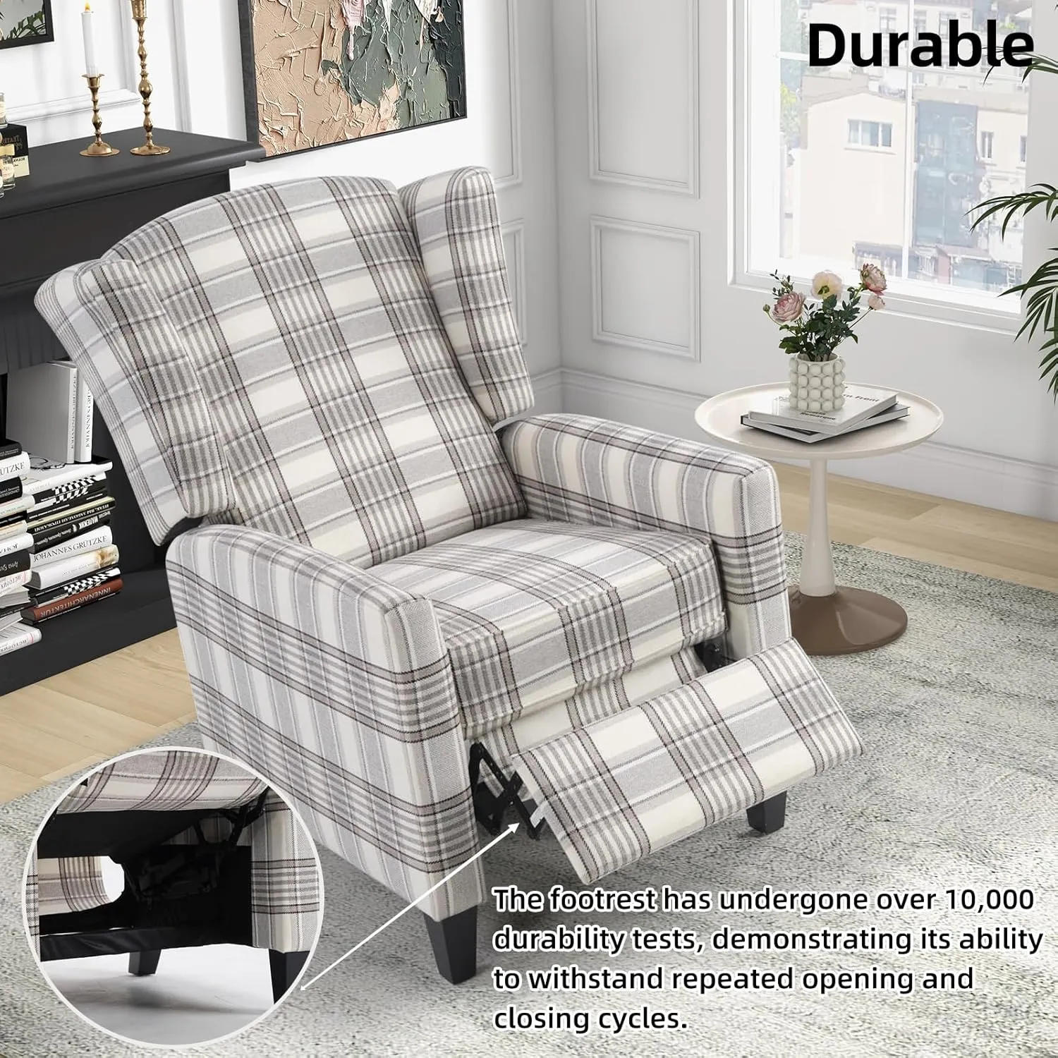 Wingback Pushback Recliner Chair Fabric Lounge Armchair Push Back Single Sofa Chair with Padded Seat Solid Wood Legs for Living Room, Mid Century Modern Recliner (Grey Plaid)