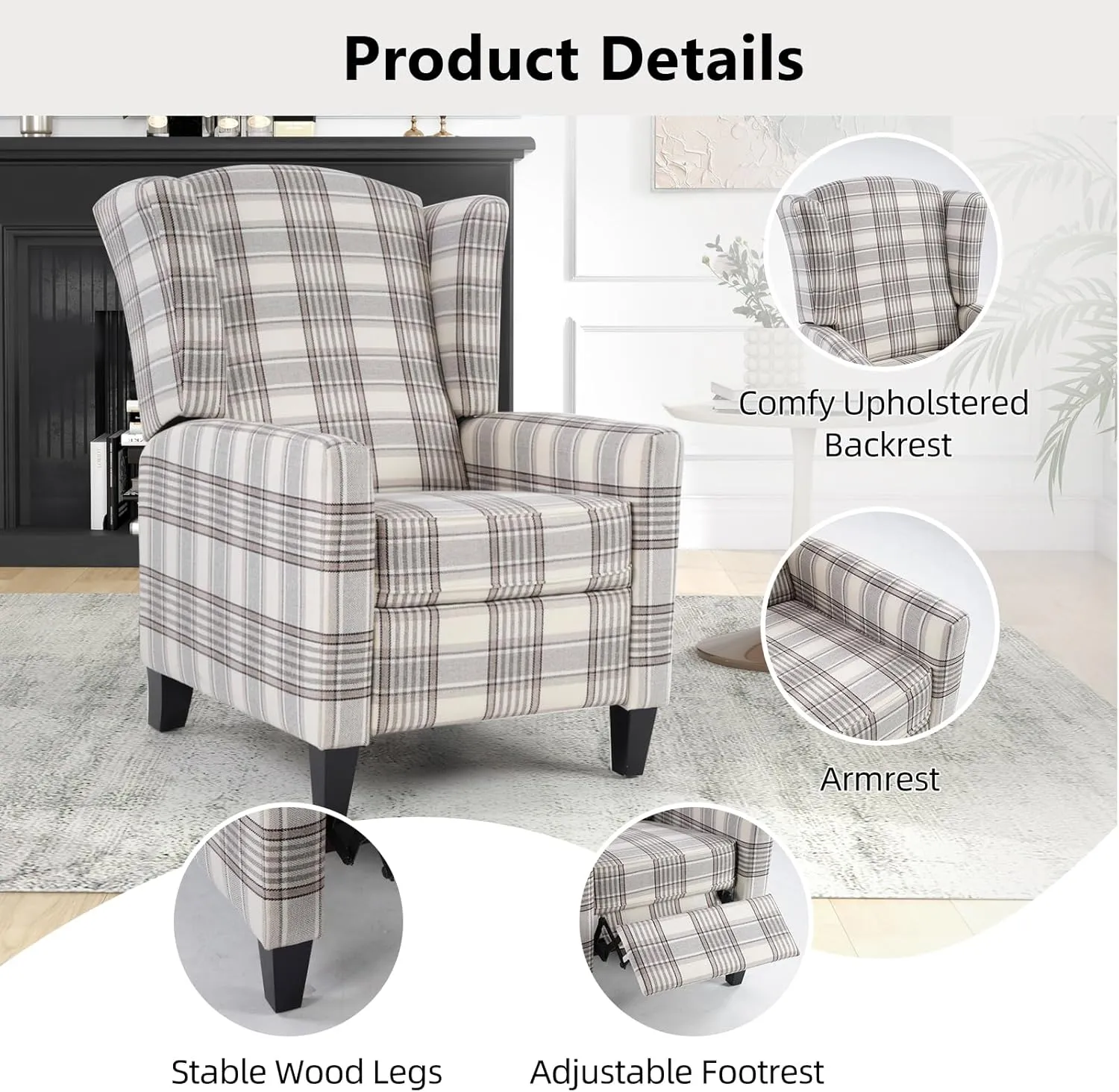 Wingback Pushback Recliner Chair Fabric Lounge Armchair Push Back Single Sofa Chair with Padded Seat Solid Wood Legs for Living Room, Mid Century Modern Recliner (Grey Plaid)