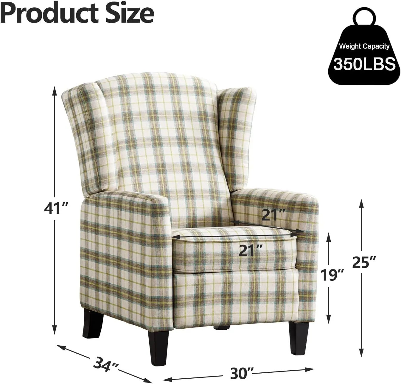 Wingback Recliner Chair Fabric Lounge Armchair Push Back Single Sofa Chair with Padded Seat Solid Wood Legs for Living Room, Comfy Upholstered Accent Reclining Chairs (Yellow Brown Plaid)