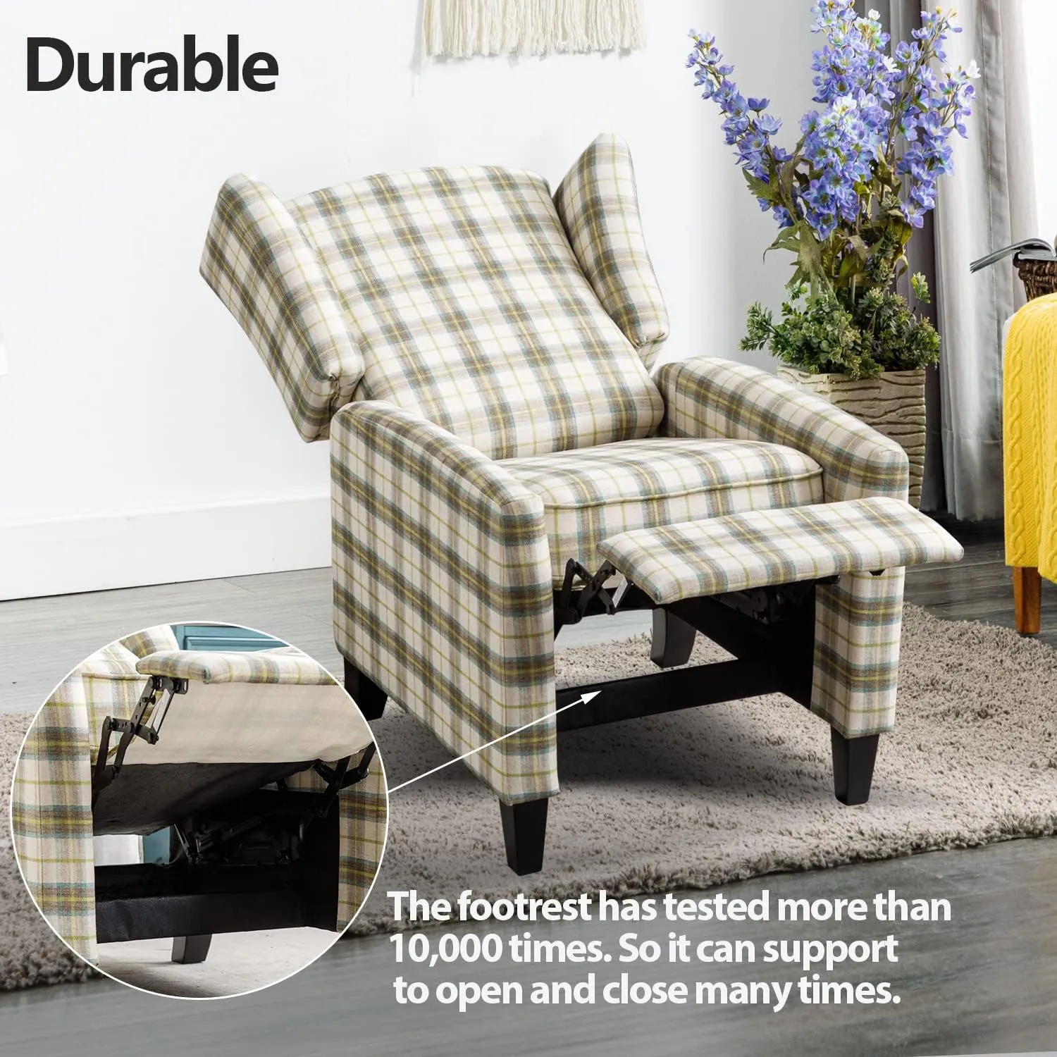 Wingback Recliner Chair Fabric Lounge Armchair Push Back Single Sofa Chair with Padded Seat Solid Wood Legs for Living Room, Comfy Upholstered Accent Reclining Chairs (Yellow Brown Plaid)