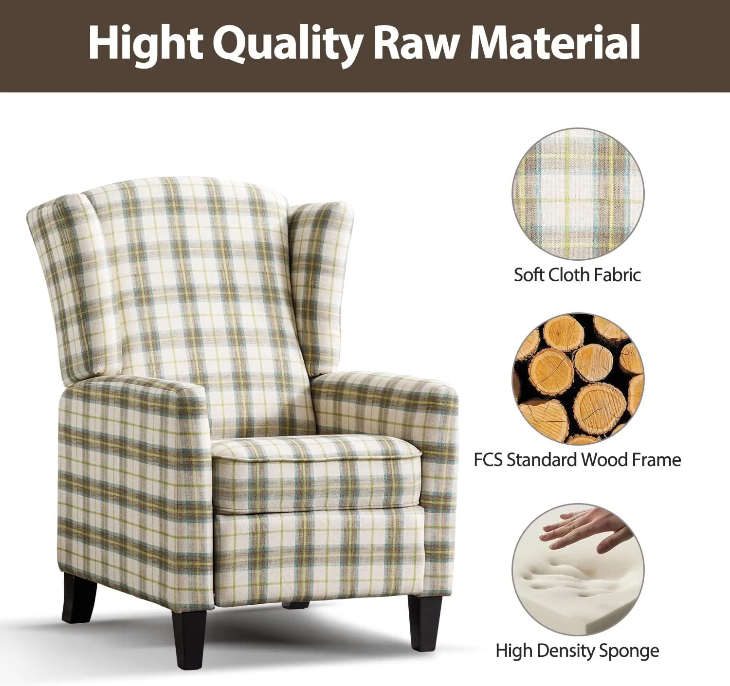 Wingback Recliner Chair Fabric Lounge Armchair Push Back Single Sofa Chair with Padded Seat Solid Wood Legs for Living Room, Comfy Upholstered Accent Reclining Chairs (Yellow Brown Plaid)