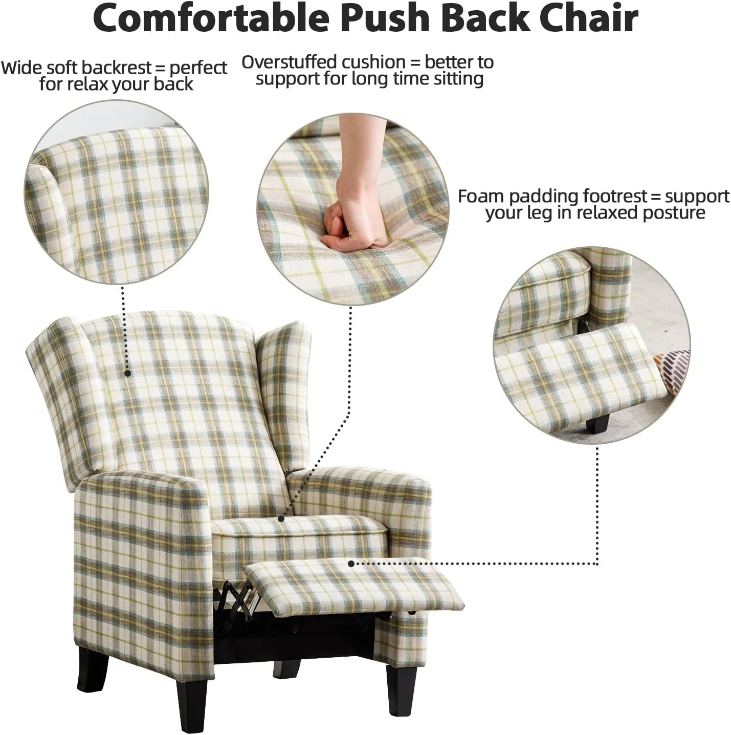 Wingback Recliner Chair Fabric Lounge Armchair Push Back Single Sofa Chair with Padded Seat Solid Wood Legs for Living Room, Comfy Upholstered Accent Reclining Chairs (Yellow Brown Plaid)