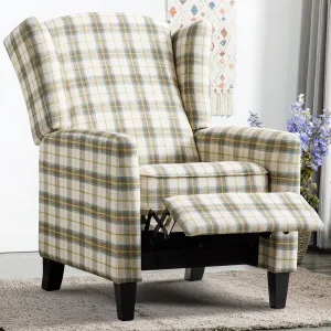 Wingback Recliner Chair Fabric Lounge Armchair Push Back Single Sofa Chair with Padded Seat Solid Wood Legs for Living Room, Comfy Upholstered Accent Reclining Chairs (Yellow Brown Plaid)