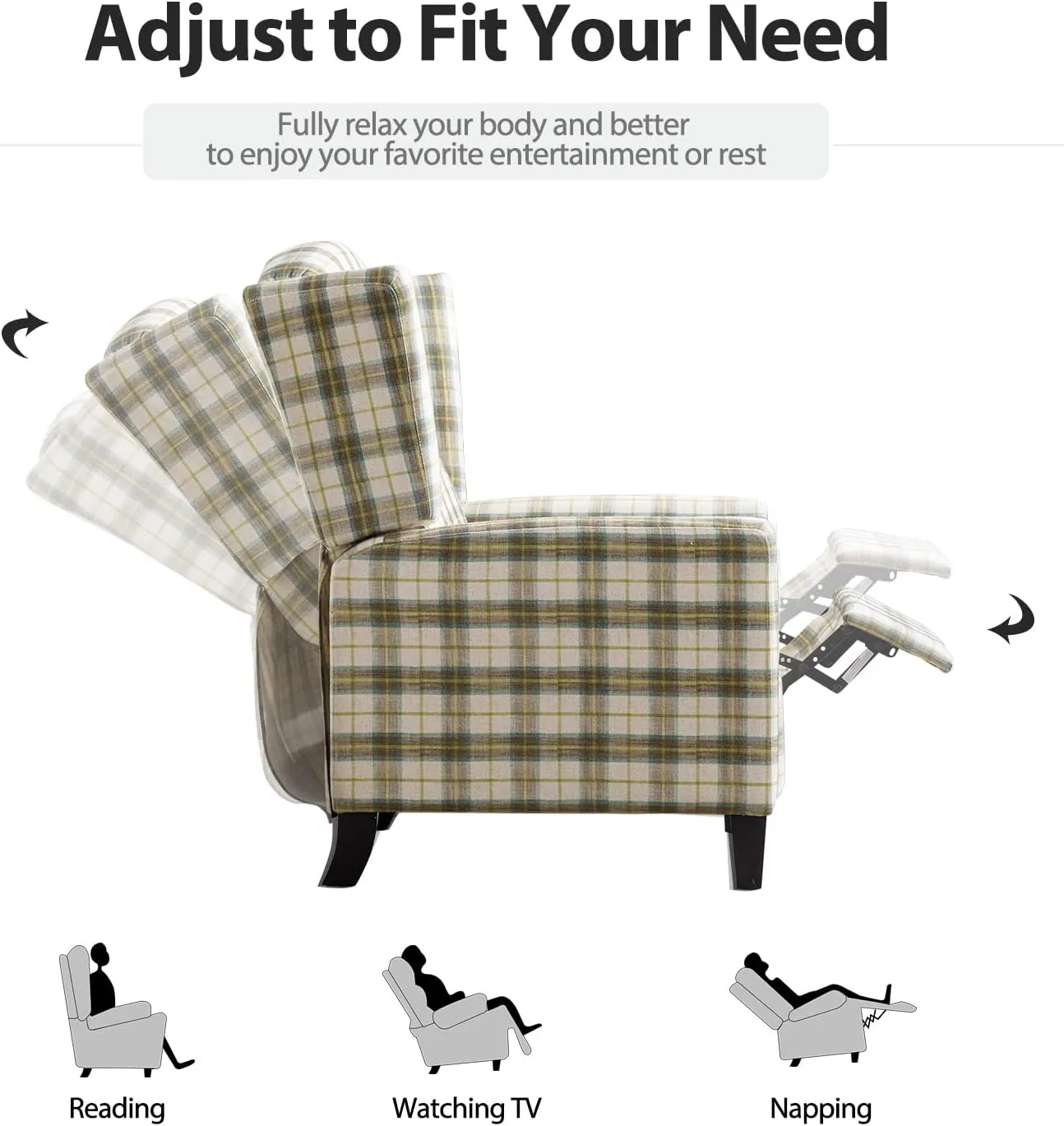 Wingback Recliner Chair Fabric Lounge Armchair Push Back Single Sofa Chair with Padded Seat Solid Wood Legs for Living Room, Comfy Upholstered Accent Reclining Chairs (Yellow Brown Plaid)