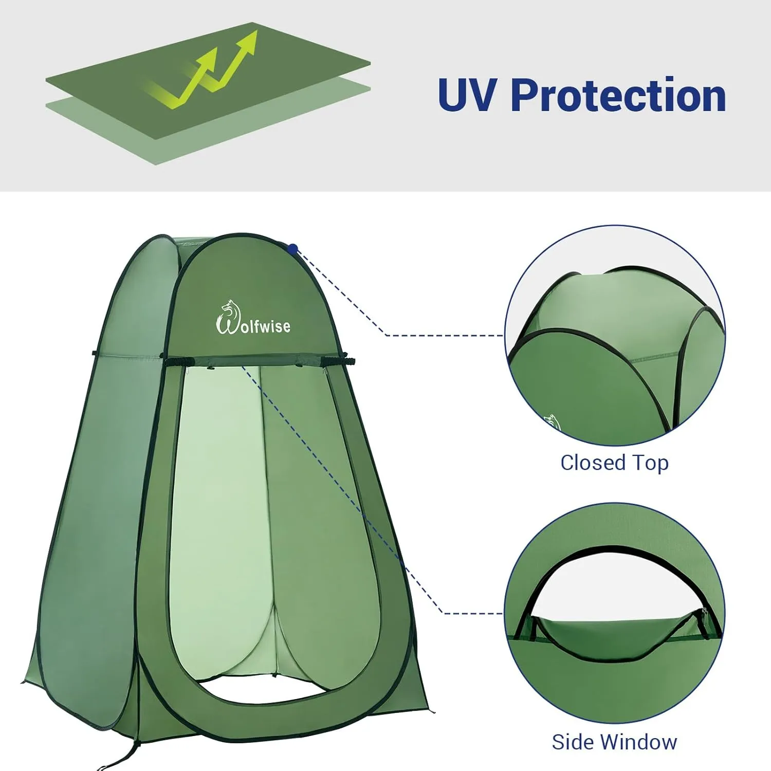 WolfWise Portable Pop Up Privacy Shower Tent, Spacious Changing Room, Dressing Room, Sun Sunshade Canopy Outdoor Rain Shelter, Backpack Privacy Shelters for Camping, Hiking, Beach, Toilet, Large Green