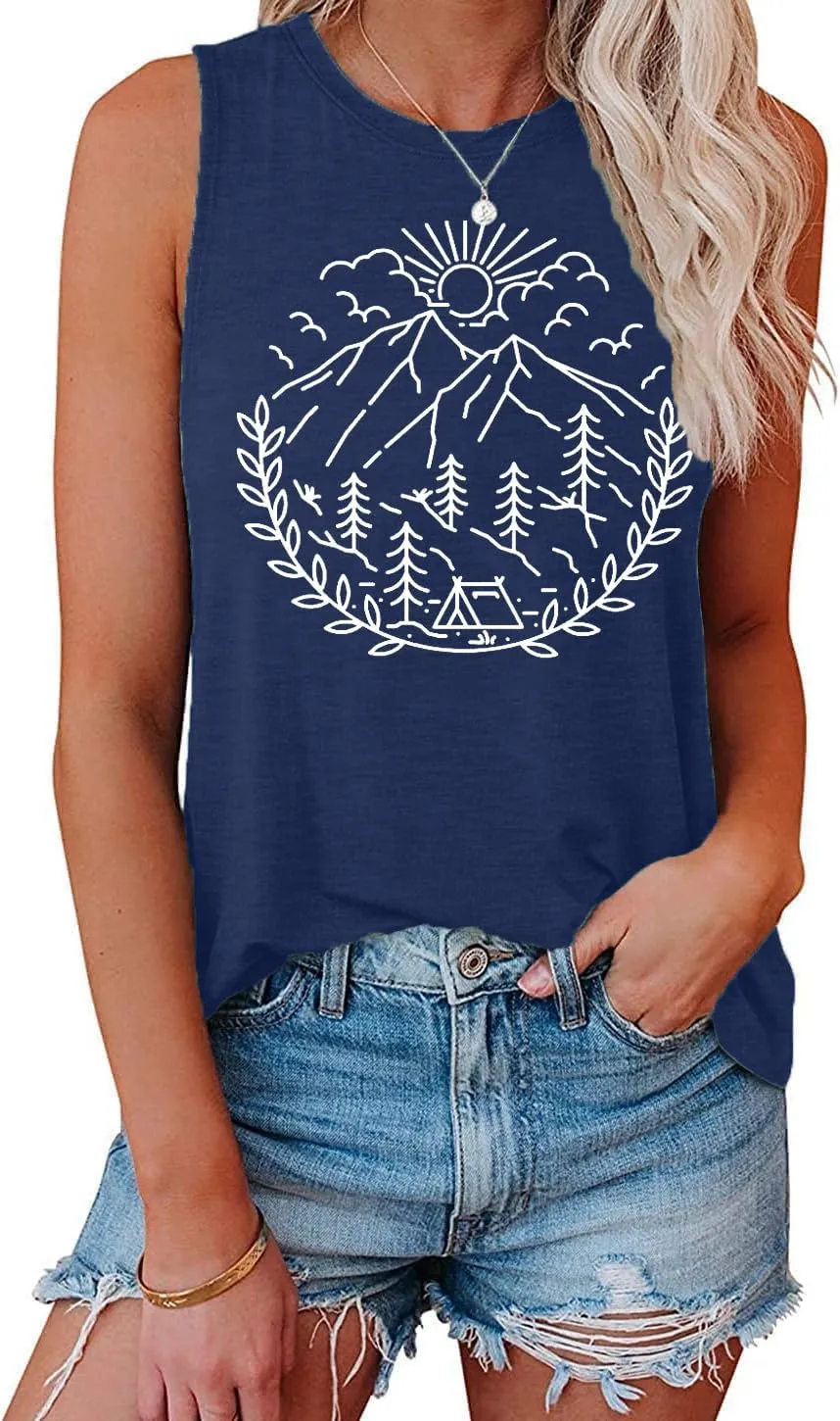 Women Hiking Camping Outdoor Tank Top Summer Mountain Nature Funny Graphic Print Round Neck Workout Athletic Sleeveless Tops