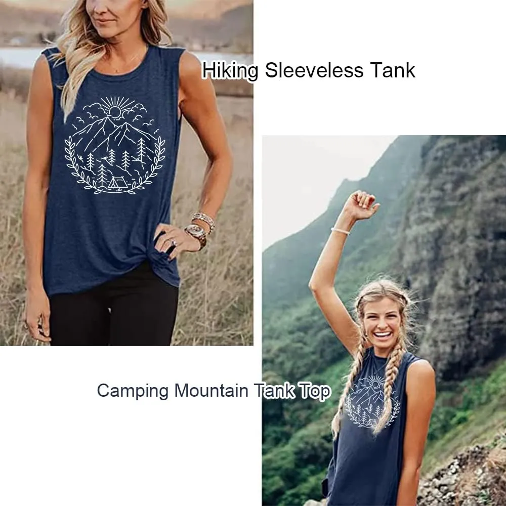 Women Hiking Camping Outdoor Tank Top Summer Mountain Nature Funny Graphic Print Round Neck Workout Athletic Sleeveless Tops